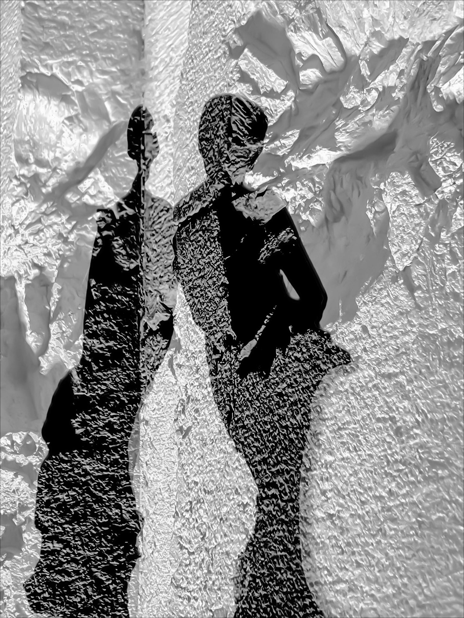 Someone Somewhere | ©2025 Shadows intertwine on a canvas of light, a silent encounter between ethereal presences in a suspended dialogue. Elusive figures dance in black and white, like echoes of a nameless past, weaving mystery and art into a visual embrace.