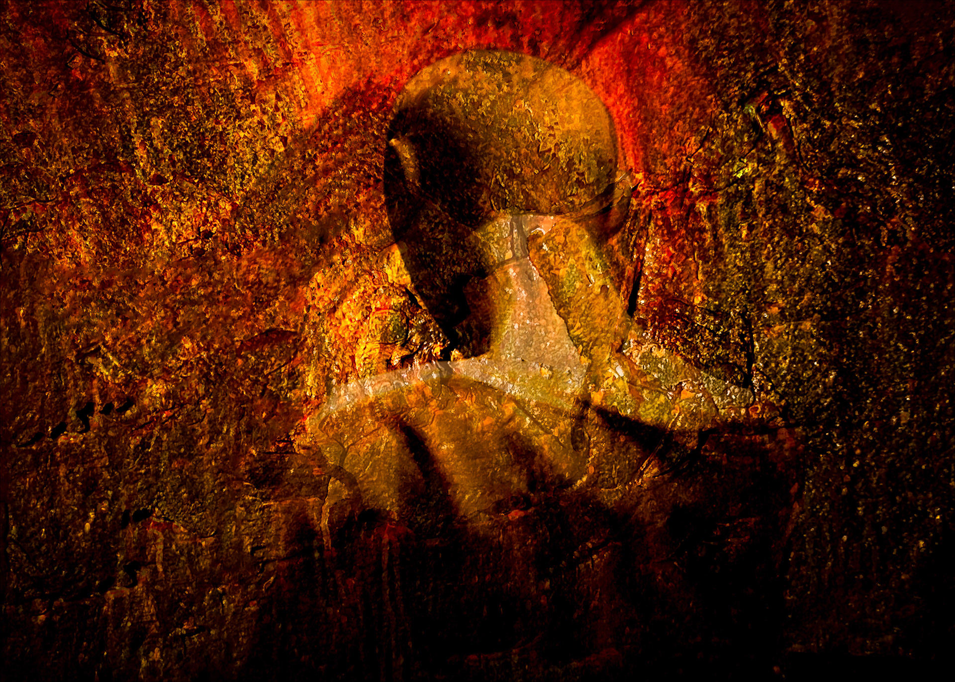 Human figure merging with the earth in an archetypal return to memory, where identity dissolves into universality.