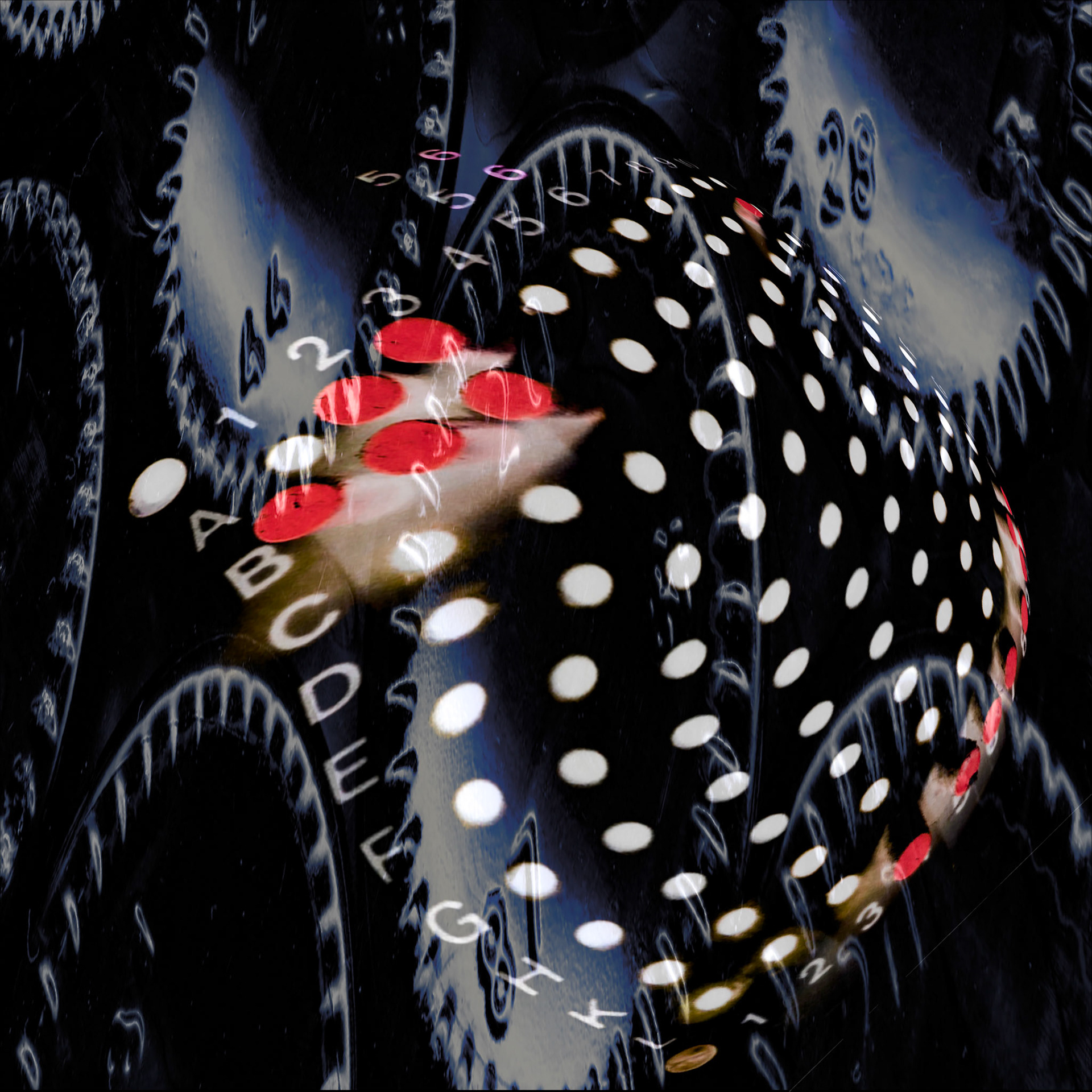 A visual art composition with mechanical elements and organic textures, polka dot patterns, and red forms