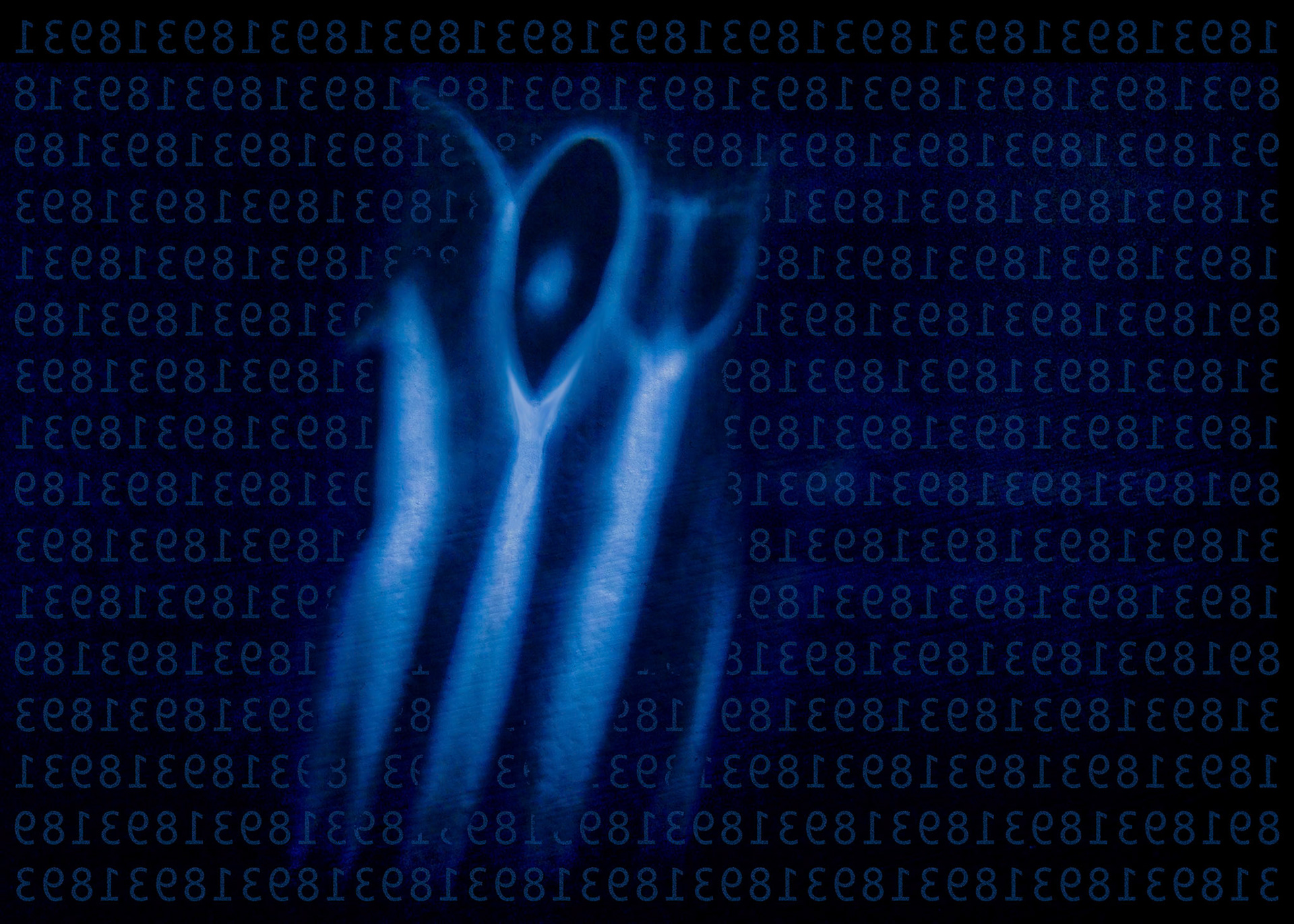 Three fluid, abstract blue silhouettes on a dark background with glitch text like '1893', evoking a fragmented, technological ballet duet in Pas de deux, blending digital aesthetics and minimalism."