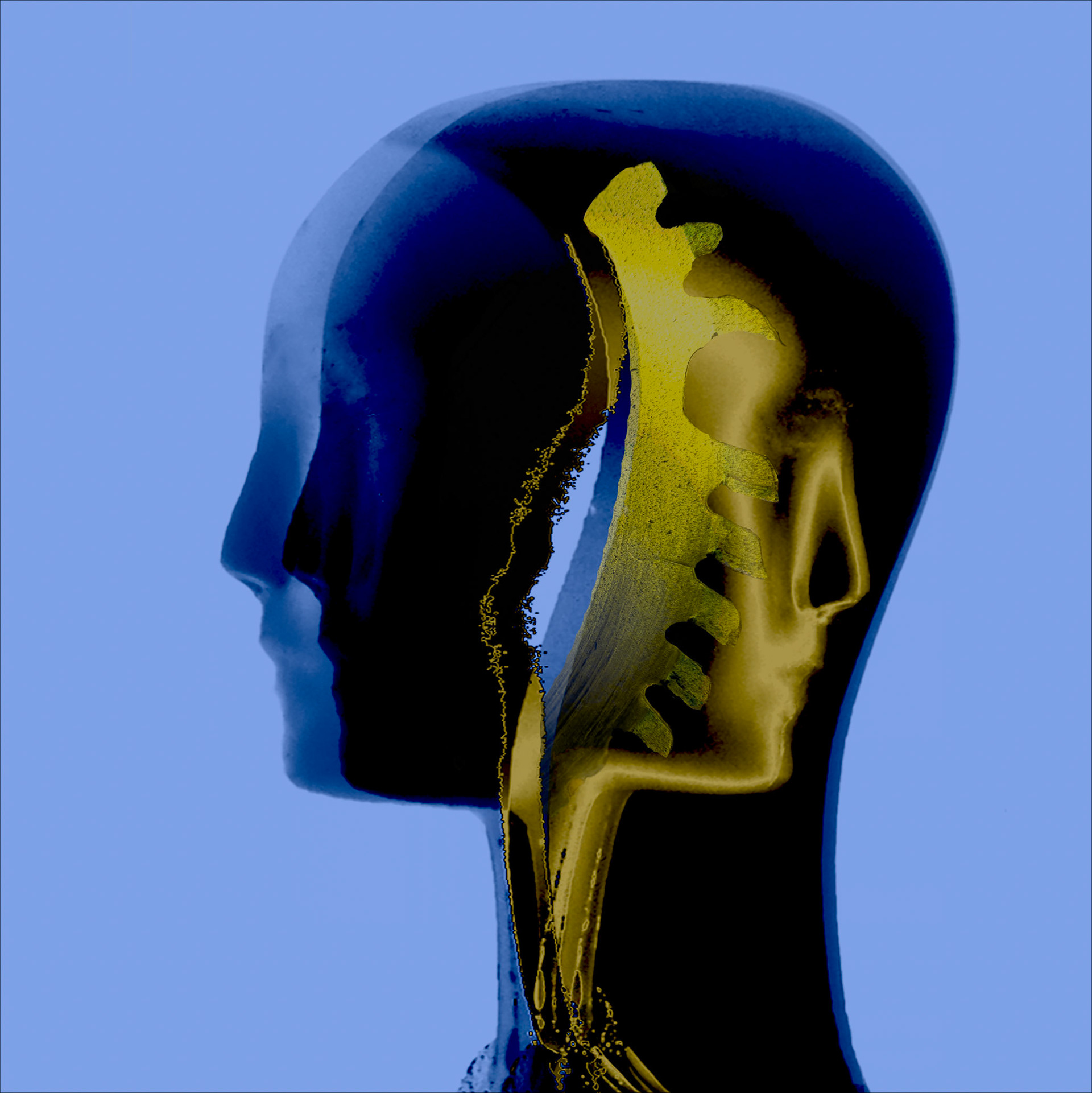 Two translucent faces with gear-like elements, immersed in deep blue, express empathy, presence, and connection.