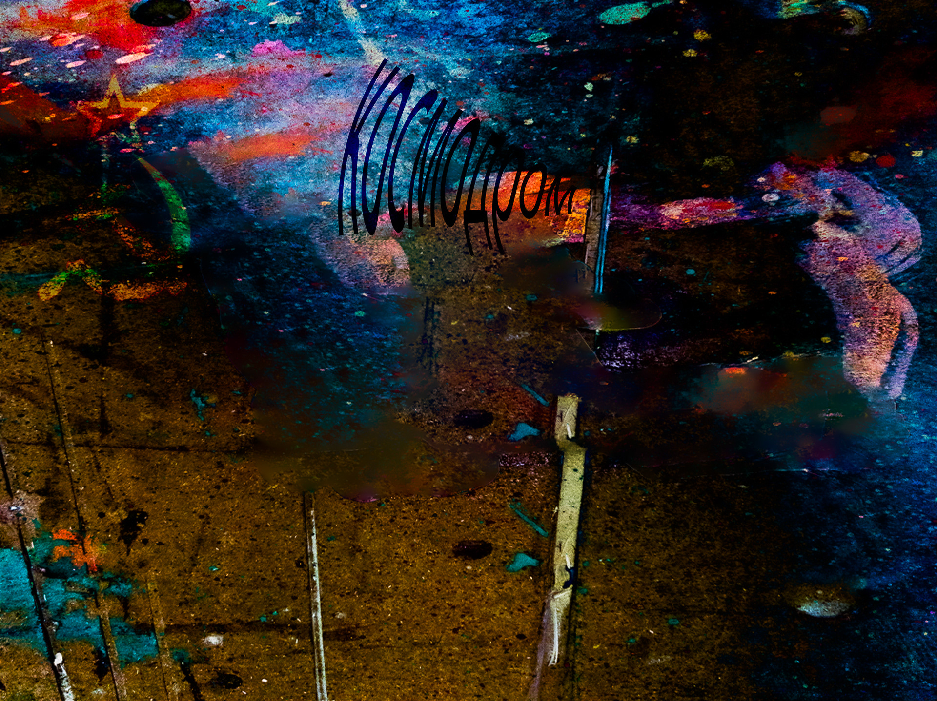 Abstract urban composition inspired by constructivism, with distorted typography and spatial echoes on a concrete surface.
