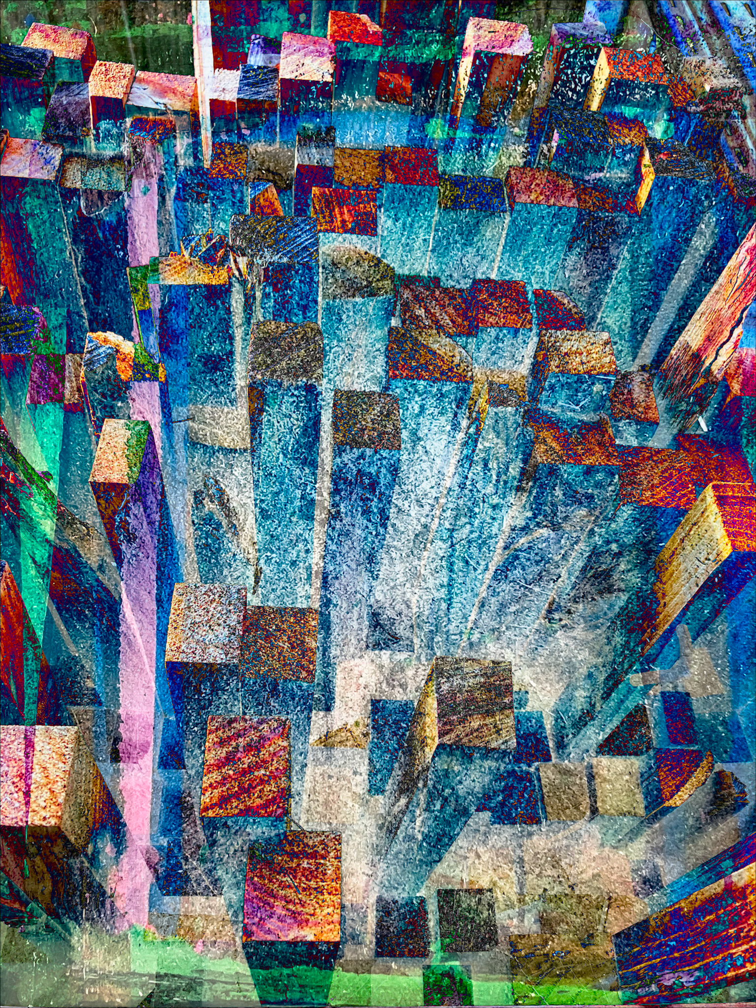 Detail of an abstract composition in warm and cool tones, where light passes through transparent surfaces creating depth and motion vibrations.