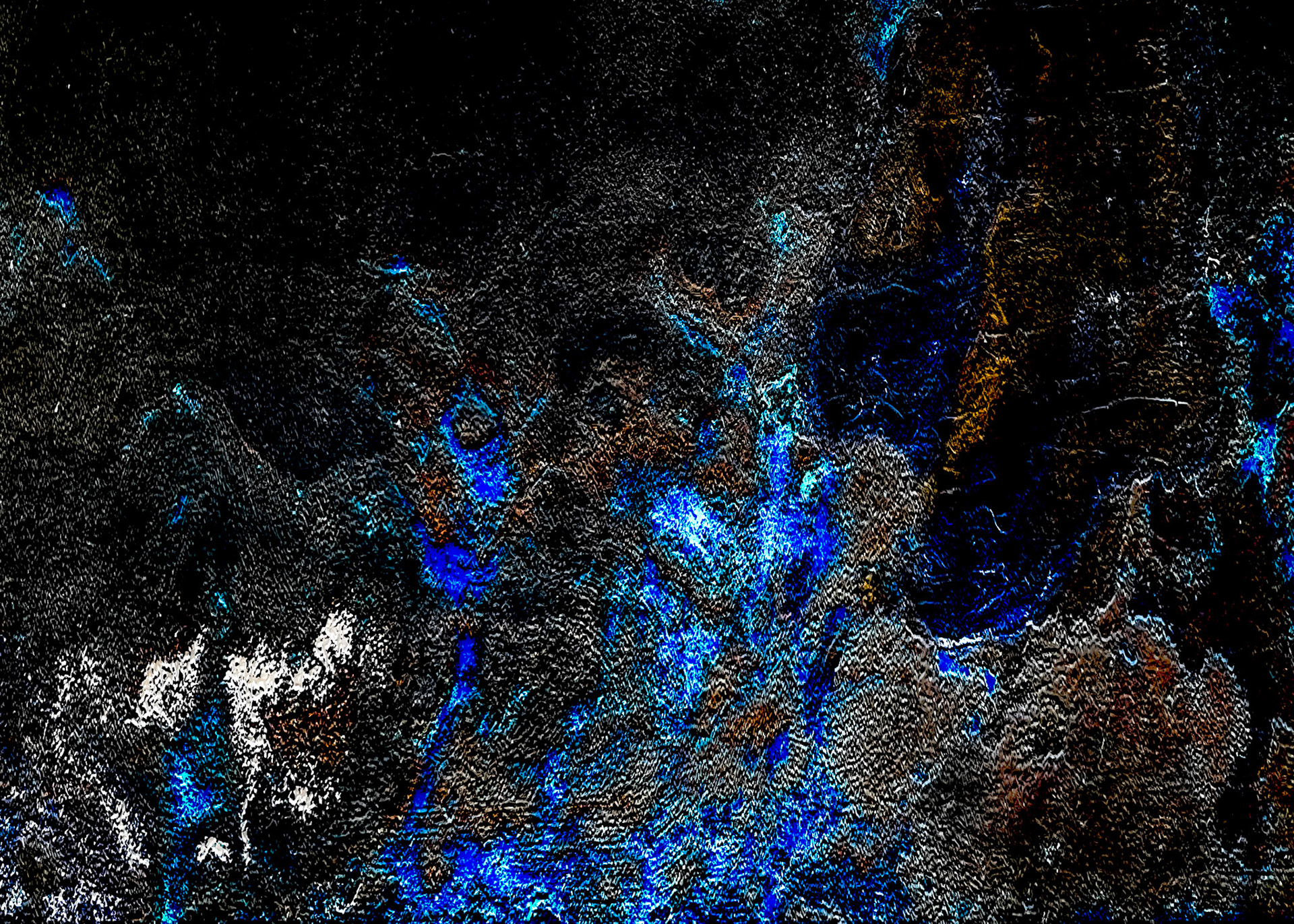 Abstract surface with blue veins emerging from deep shadows, evoking an inner landscape after the collapse.