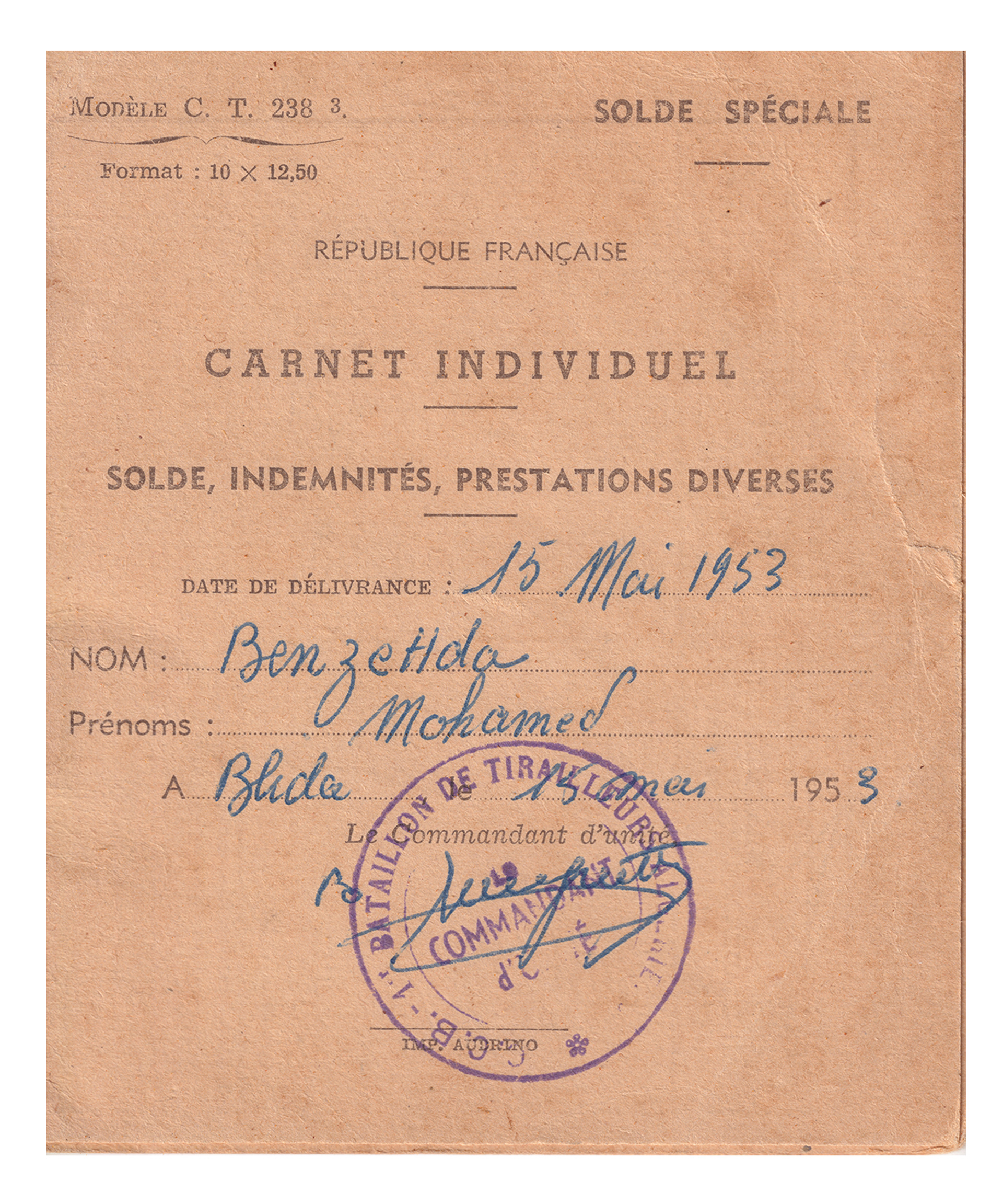French military book for Pay Allowances and Tabac-Stamps, 1953