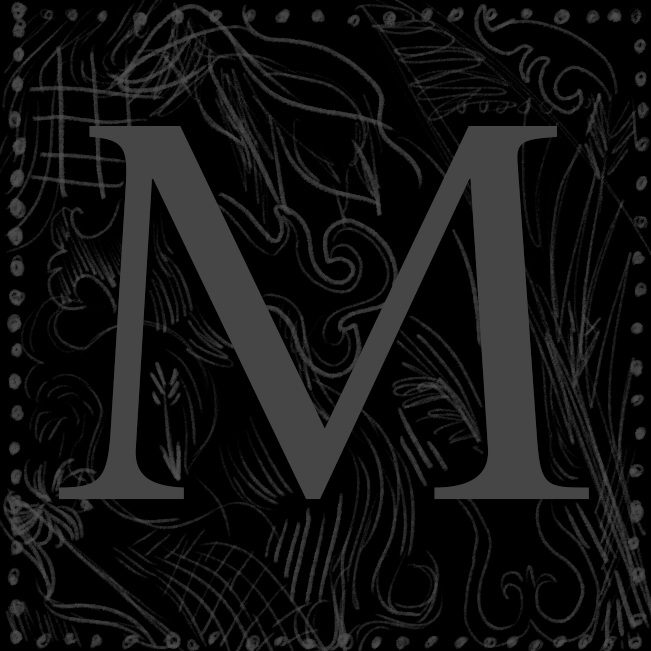 The logo of the website: it is a serif letter "M" over decorative green, red, and yellow designs.