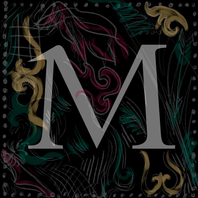 The logo of the website: it is a serif letter "M" over decorative green, red, and yellow designs.