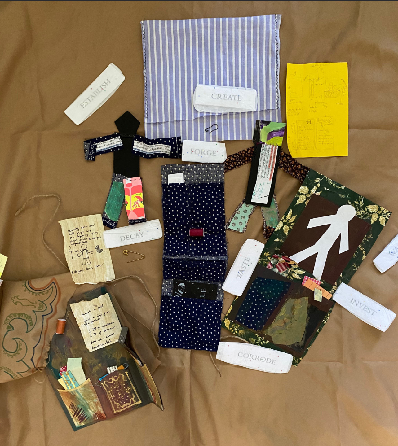 A photo of the paper dolls next to the packages, shown open and filled with craft supplies.