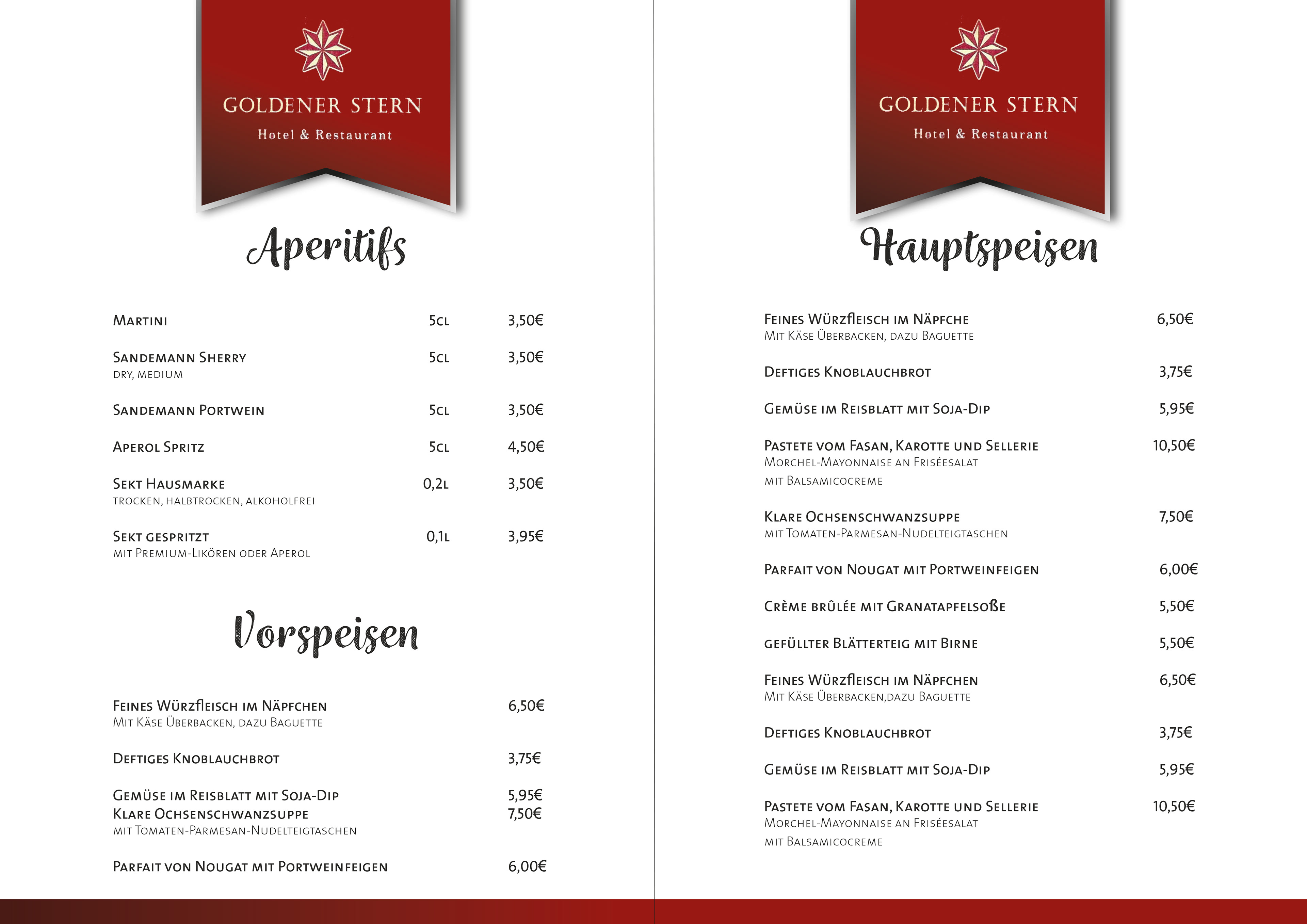 Entwurf Speisekarte Restaurant Goldener Stern 1