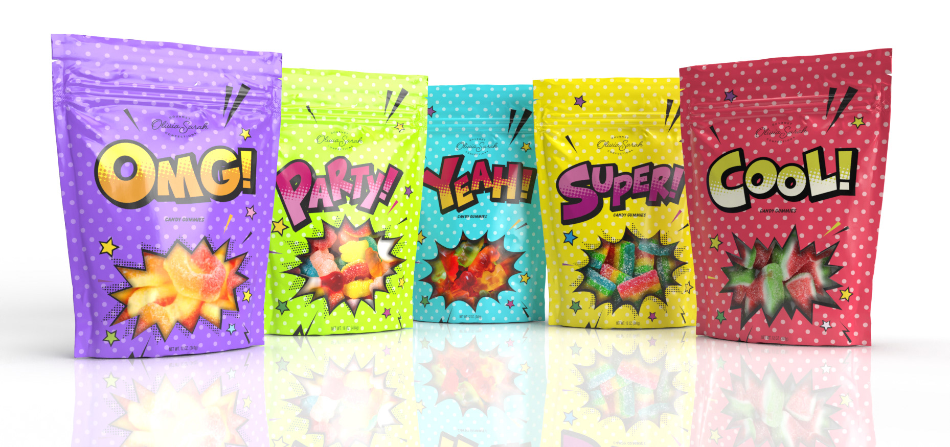 Packaging and brand creation (Olivia Sarah, New York) for Gourmet Candy products.
