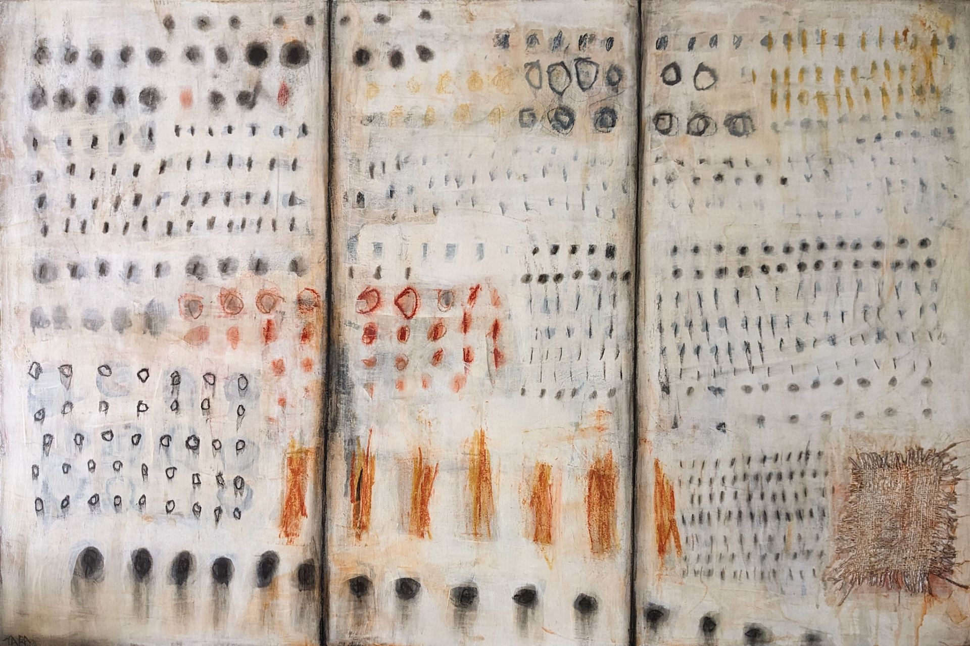 "In An Effort to Organise the Pieces of Myself," Mixed media on canvas (paint, charcoal, pastes, burlap), 24 x 36 inches, $2,400