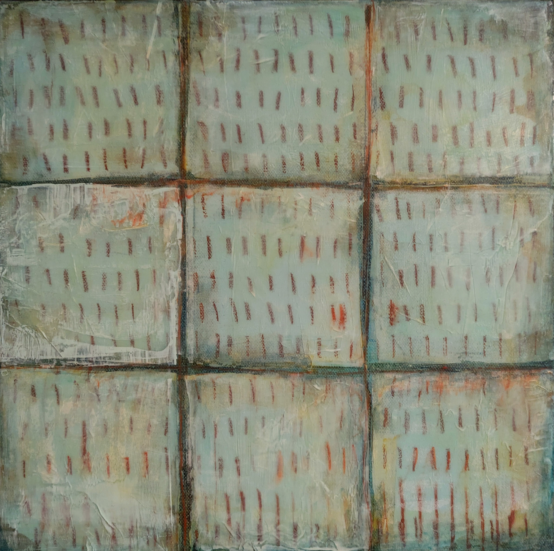 "Sea Glass," paint, crayon, tissue paper, wax on gallery wrapped canvas, 12 x 12 inches