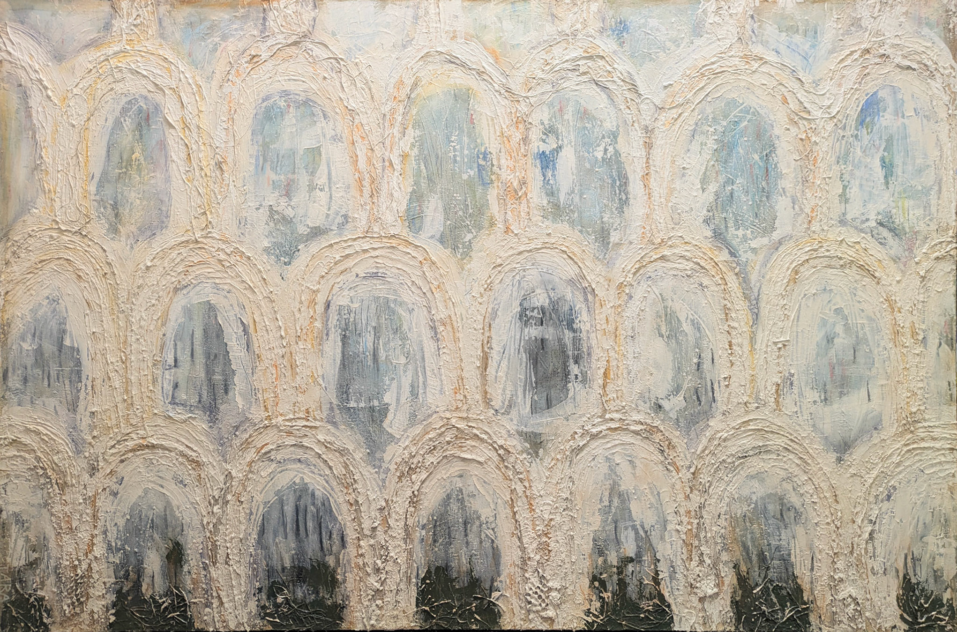 "Monument to Memory," Paint, dry pigments, plaster and fibers (jute, abaca  and cotton) on canvas, 60 x 40 inchces