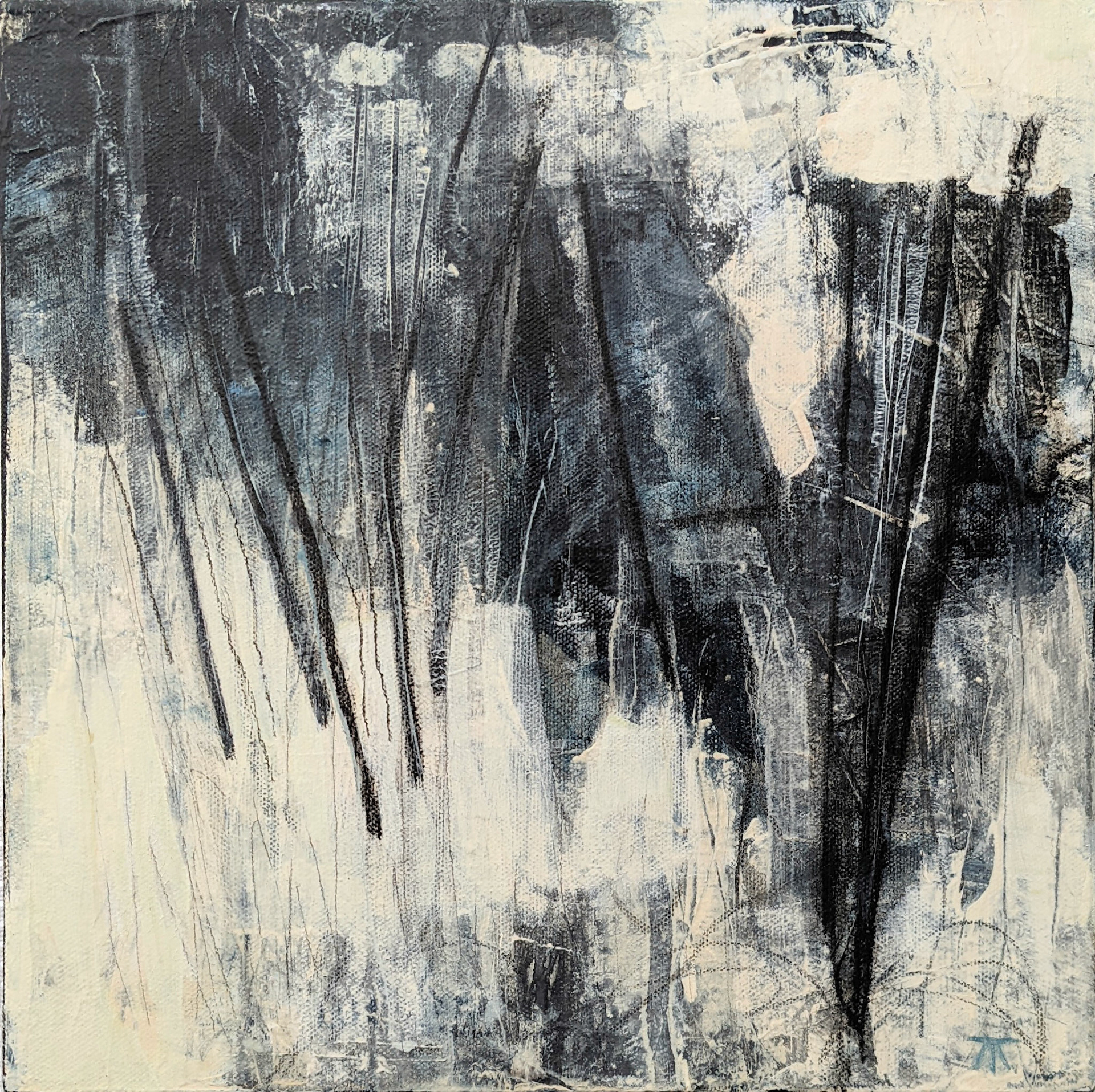 "Snow Stem," Mixed media on canvas, 12 x 12 inches