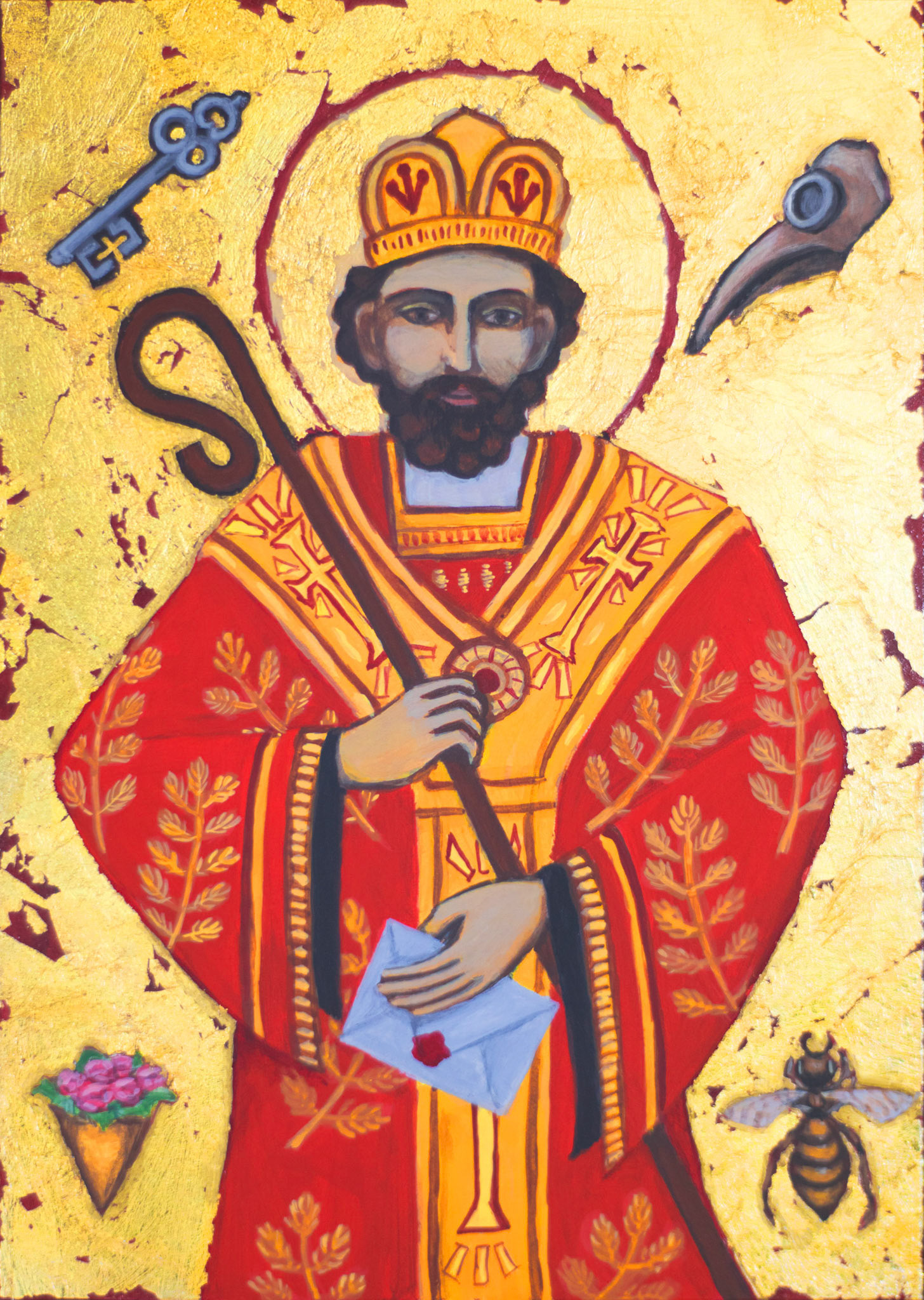 St. Valentine, Acrylic and metal leaf on panel, 5 x 7 inches, $200