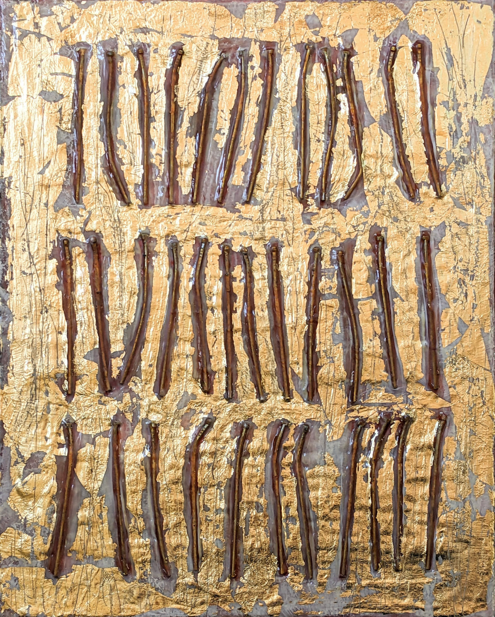 "Value Study," Mixed media on canvas (paint, rusted nails, composition gold leaf), 8 x 10 inches, $600