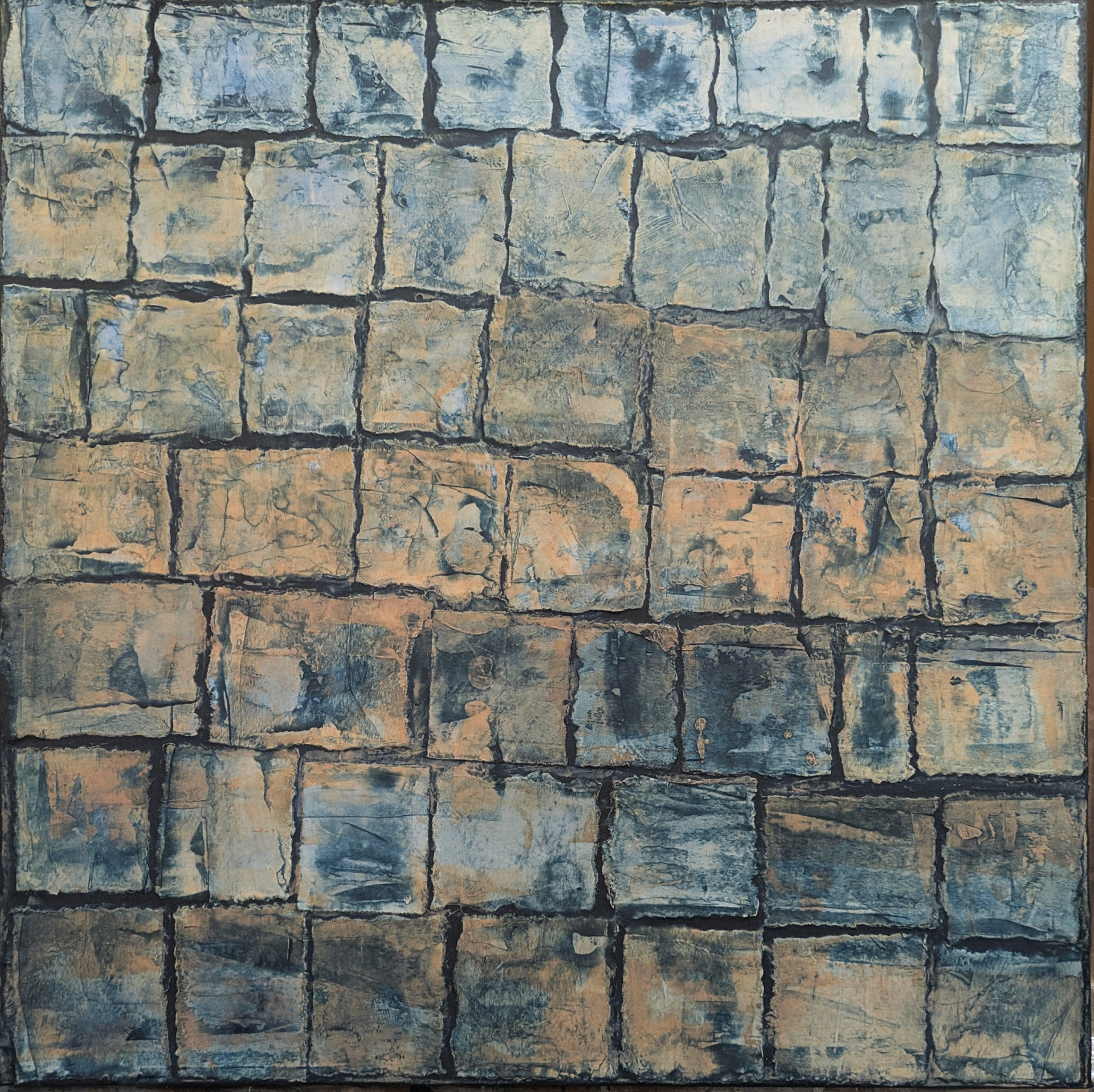 "Frangere," Acrylic paint, torn watercolor paper and wax on stretched canvas, 16x16 inches