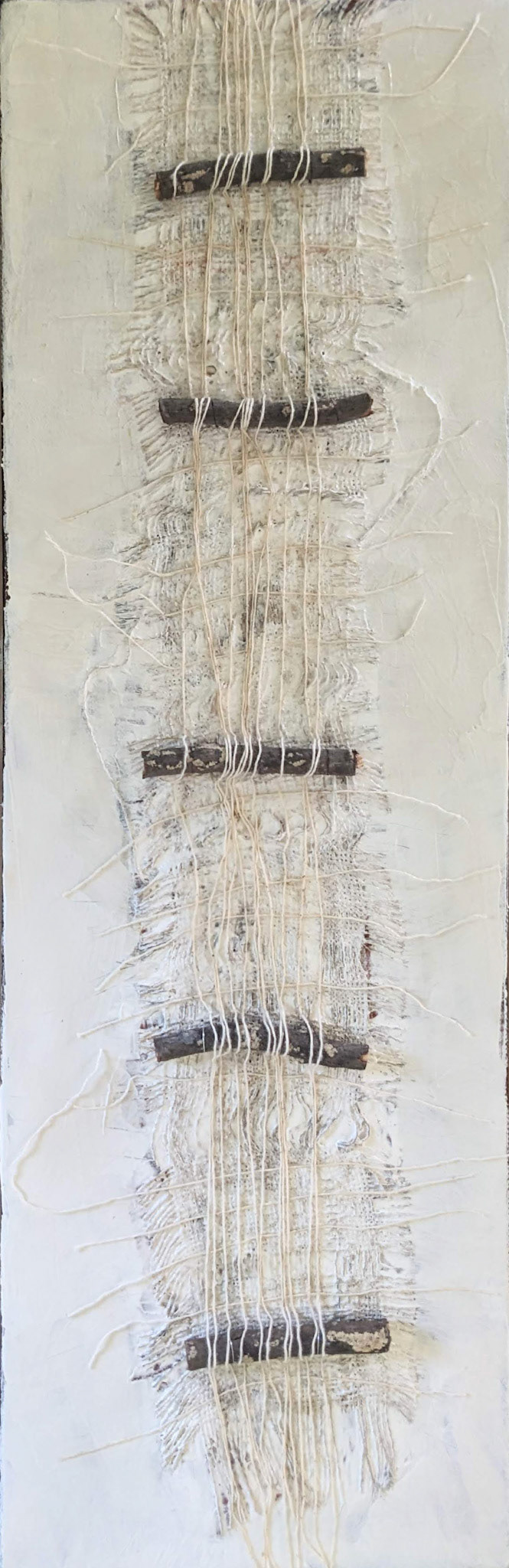 Like a Short Poem, Acrylic paint, sticks, lichen, twine and wire on gallery wrapped canvas, 8x24 inches, $650
