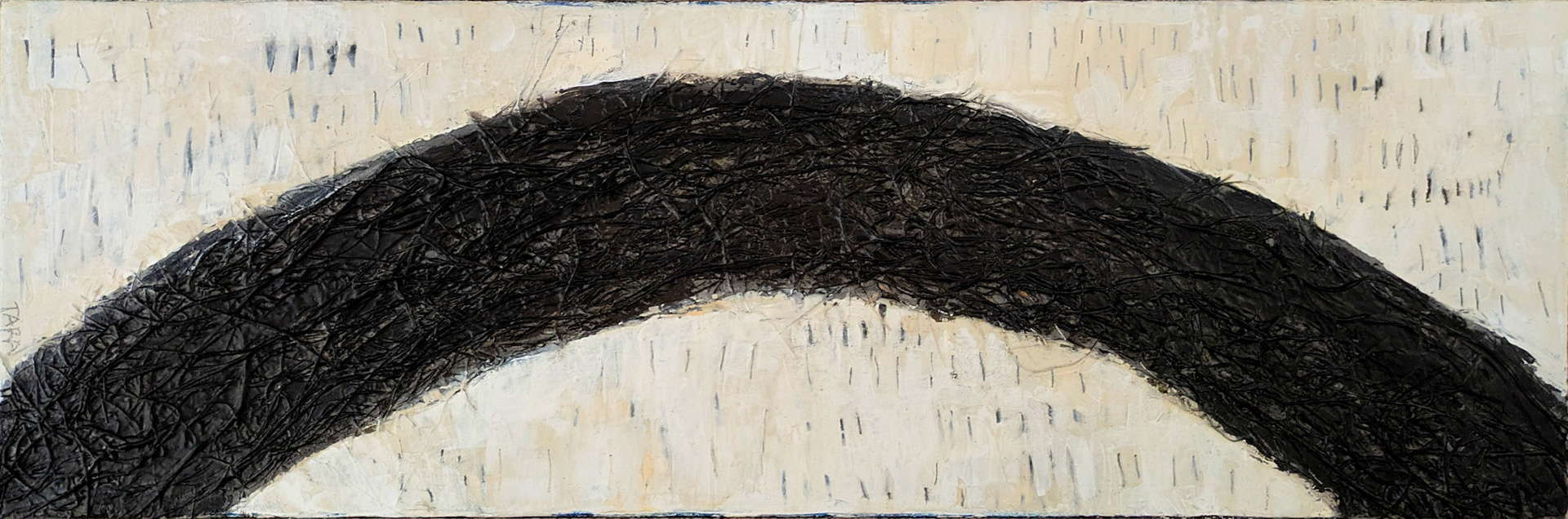 "Ogive," Paint, joint compound, graphite, jute and abaca fibers and wax on canvas, 24 x 8 inches