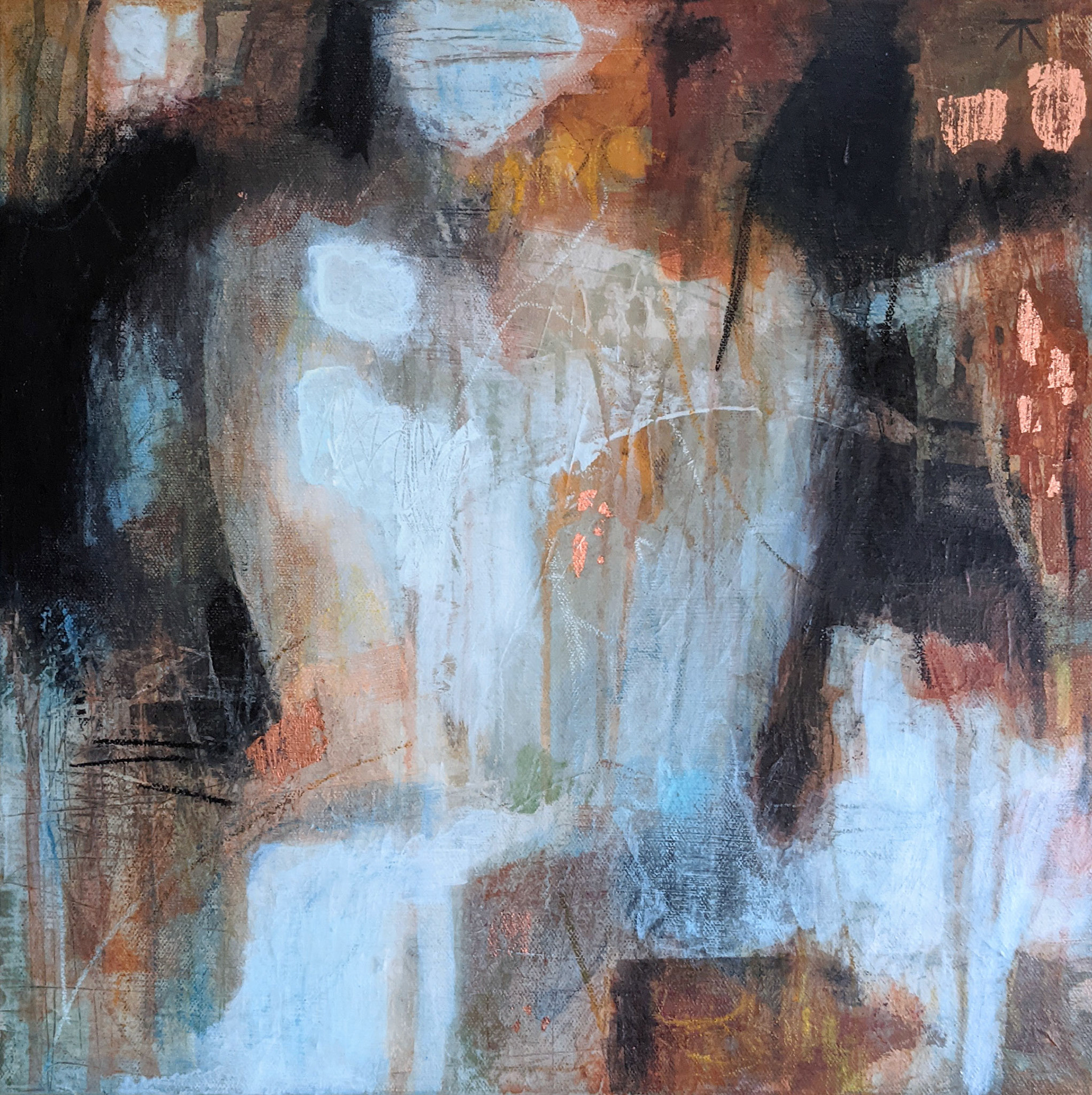 "Ebbing" Acrylic, copper leaf and wax on canvas, 16 x 16 inches, SOLD