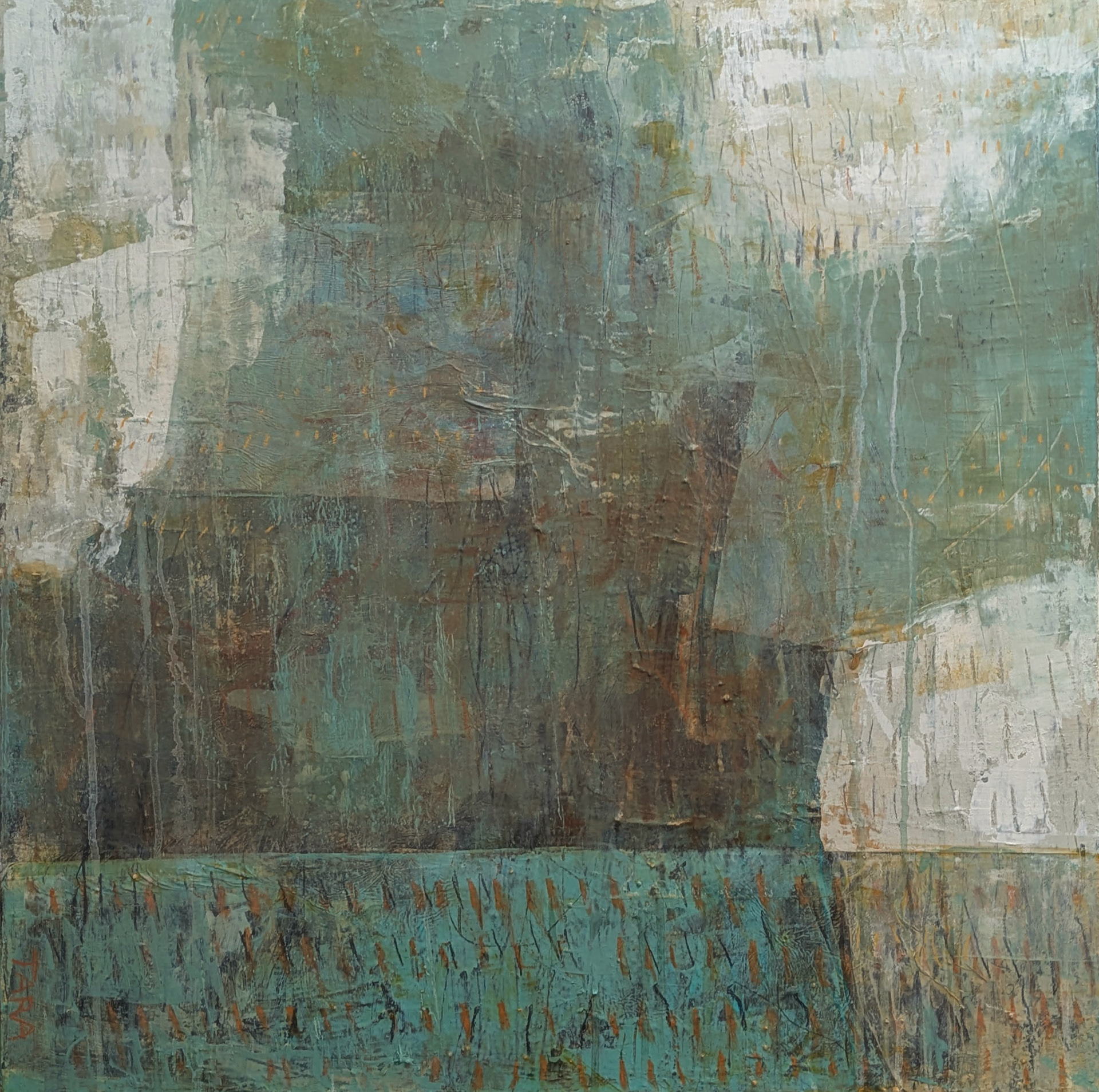 "Unsung," Acrylic paint, plaster, salt, isopropyl alcohol, tissue paper, graphite and pastel, 24 x 24 inches on gallery wrapped canvas