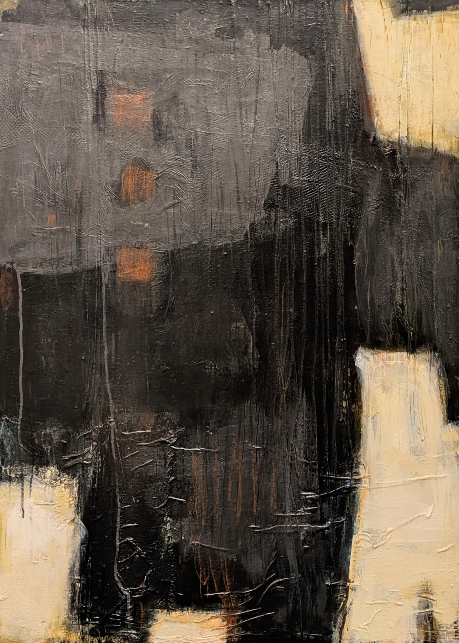 "Ananke," Paint, tissue paper, liquid graphite, string on gallery wrapped canvas, 30 x 40 inches