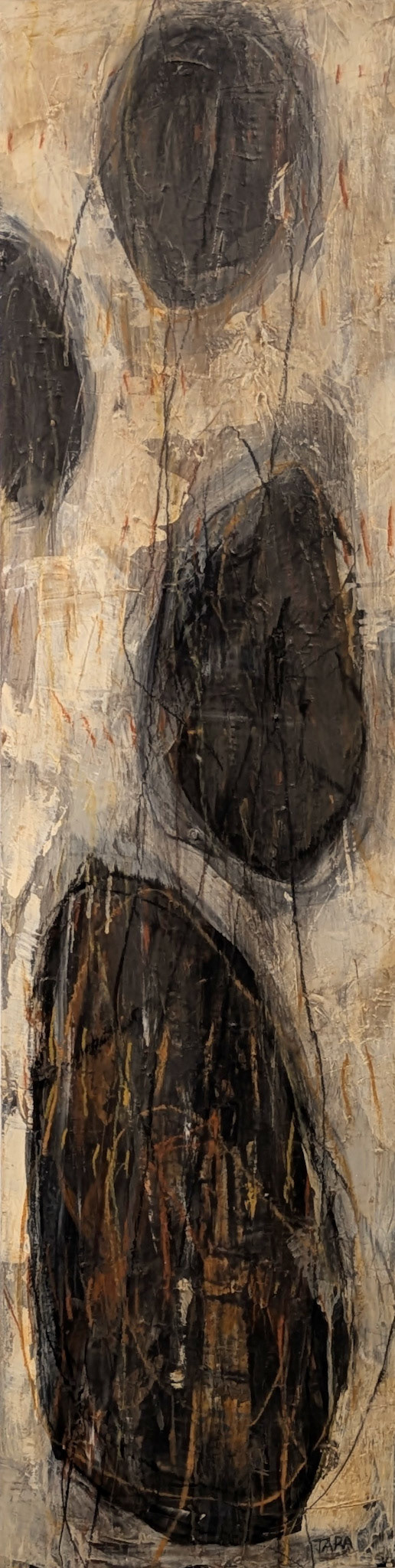 "Vestige," Plaster, pumice, charcoal, paint on raised wood panel, 12 x 48 inches