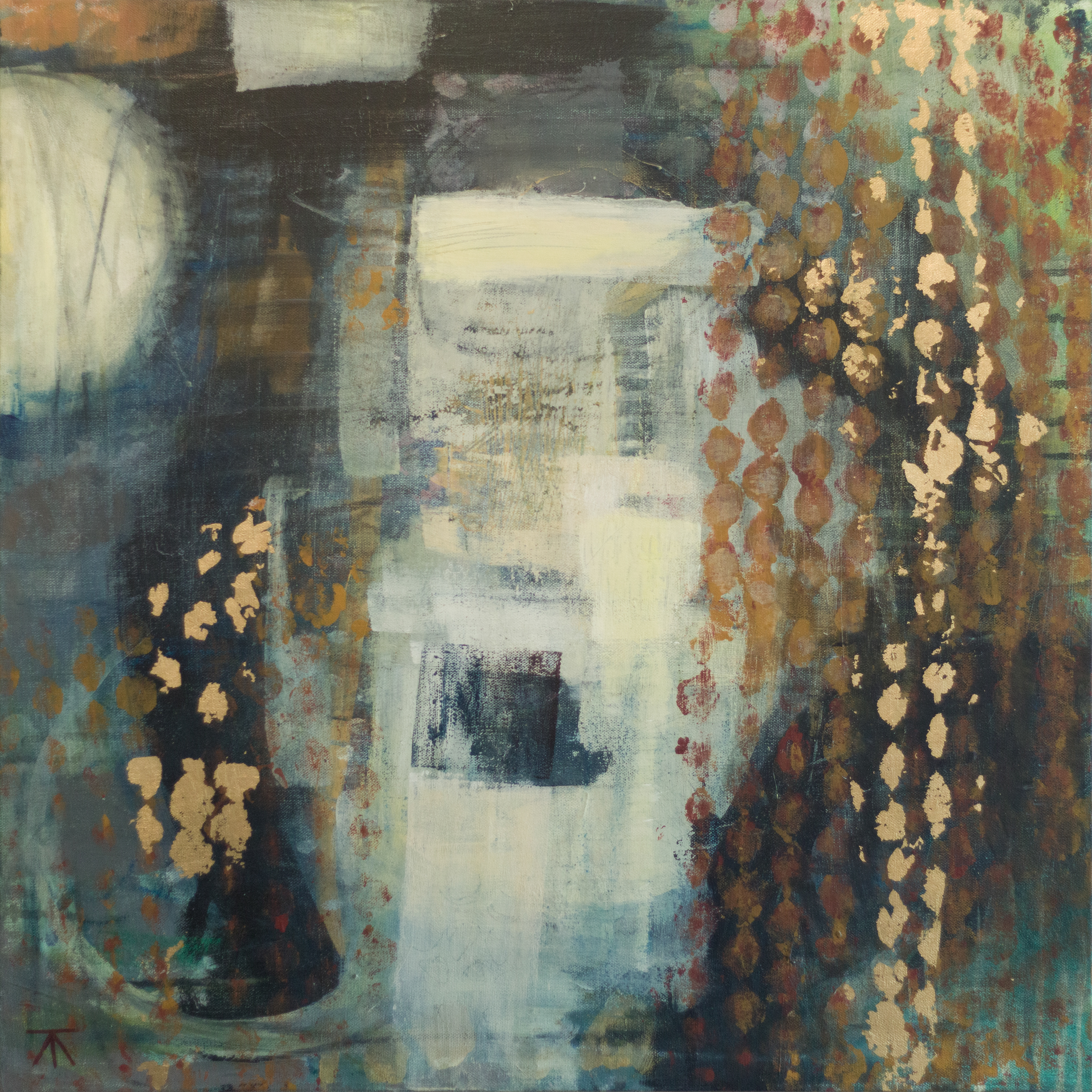 "Moon Shine" Acrylic and composite gold leaf on canvas, 24 x 24 inches, $695