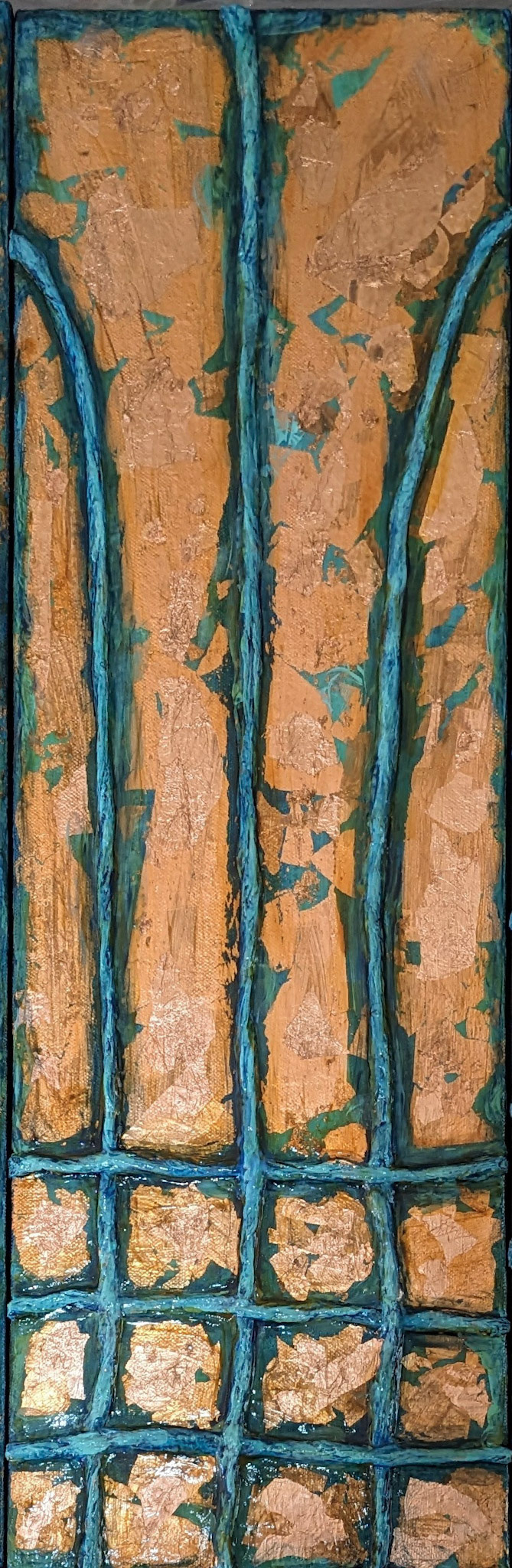 Sea Weave, Acrylic paint, tissue paper and copper leaf on gallery wrapped canvas, 8x24 inches, $650