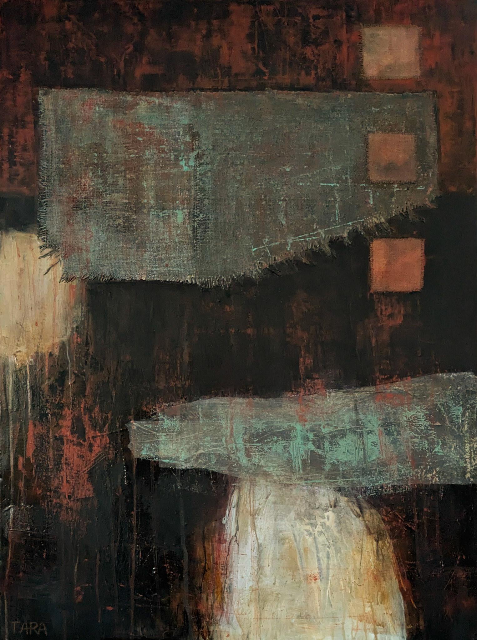 "Relic," Acrylic paint, burlap, tissue paper, charcoal,30 x40 inches on gallery wrapped canvas