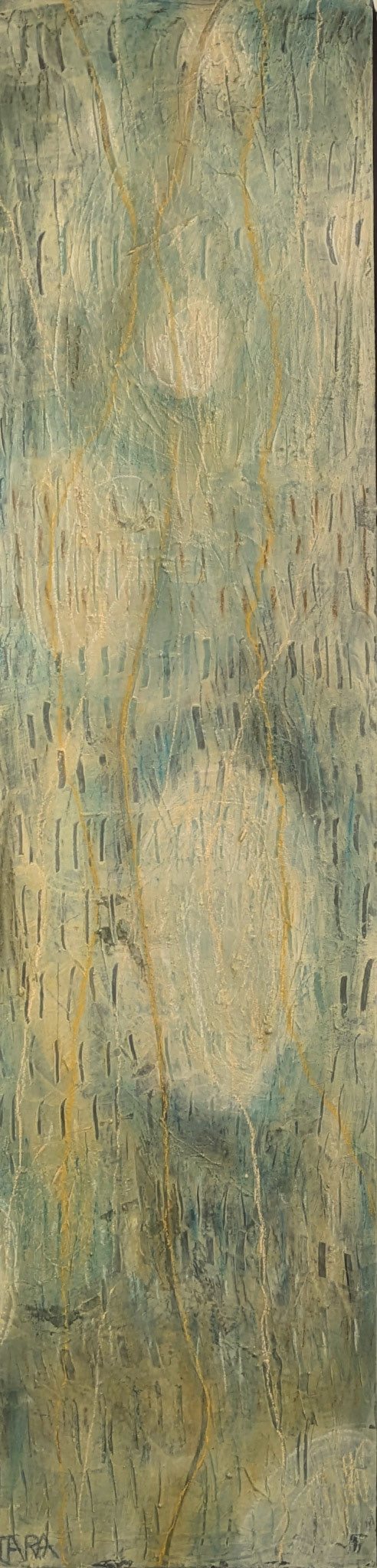 Phytoplanktonic, Mixed media nd acrylic paint on raised wood panel, 12 x 48 inches, $1300