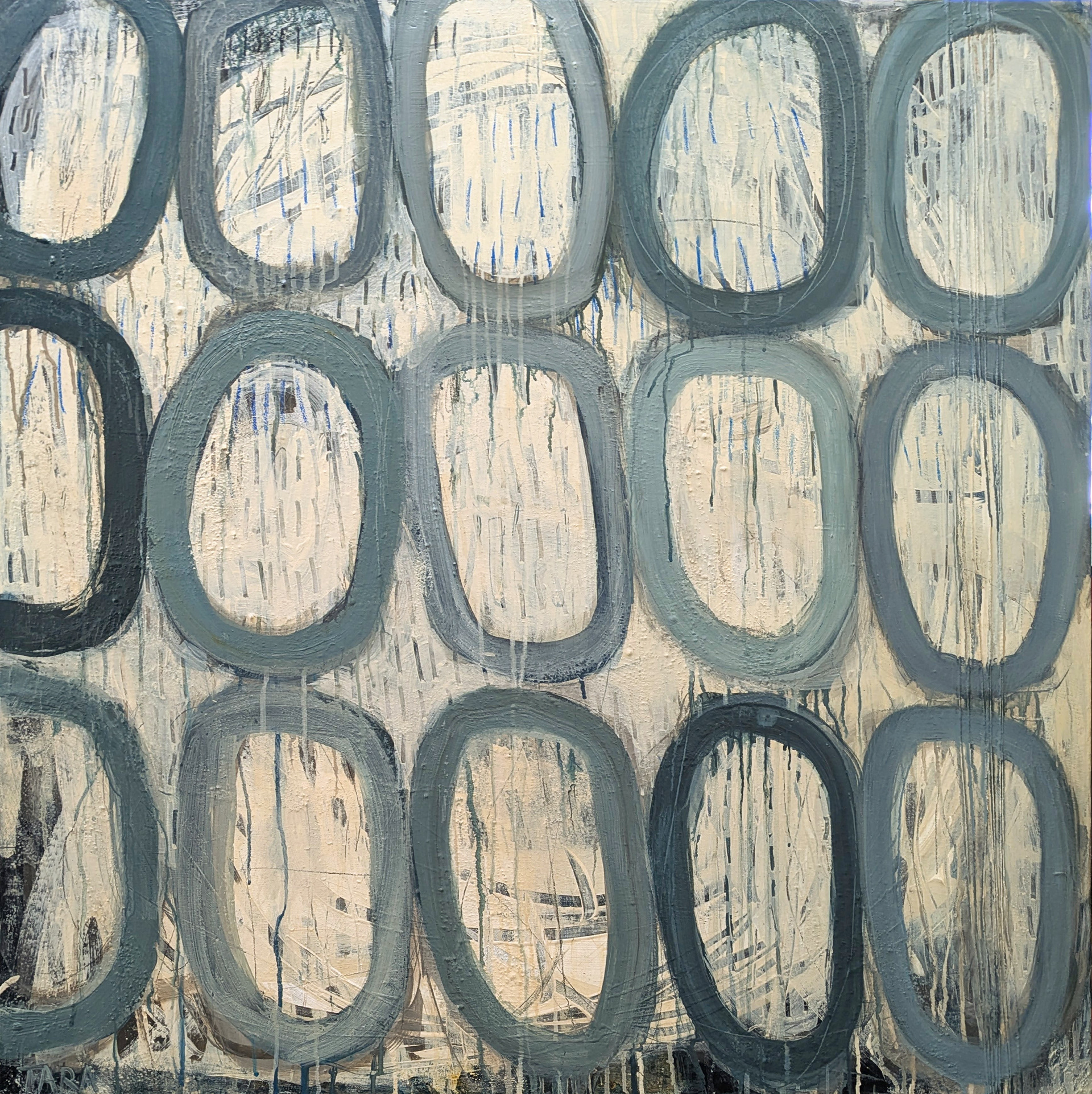 "Way Forward," Mixed media (paint, crayon, graphite, pumice, cotton twine on gallery canvas), 36x36 inches, $3,600