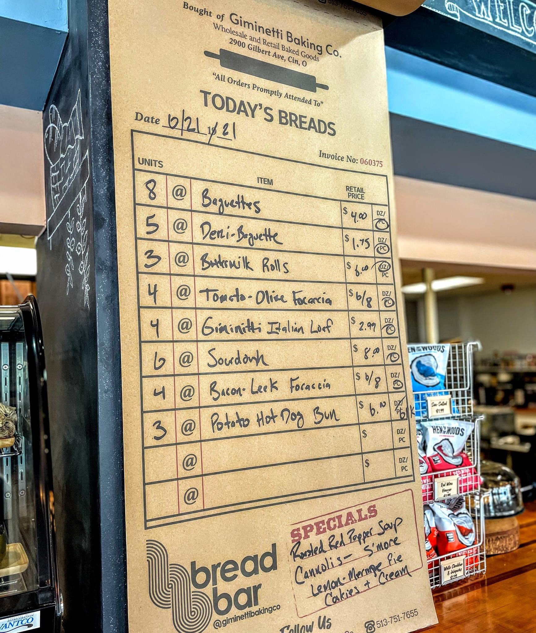 Daily specials on a giant roll of Kraft paper