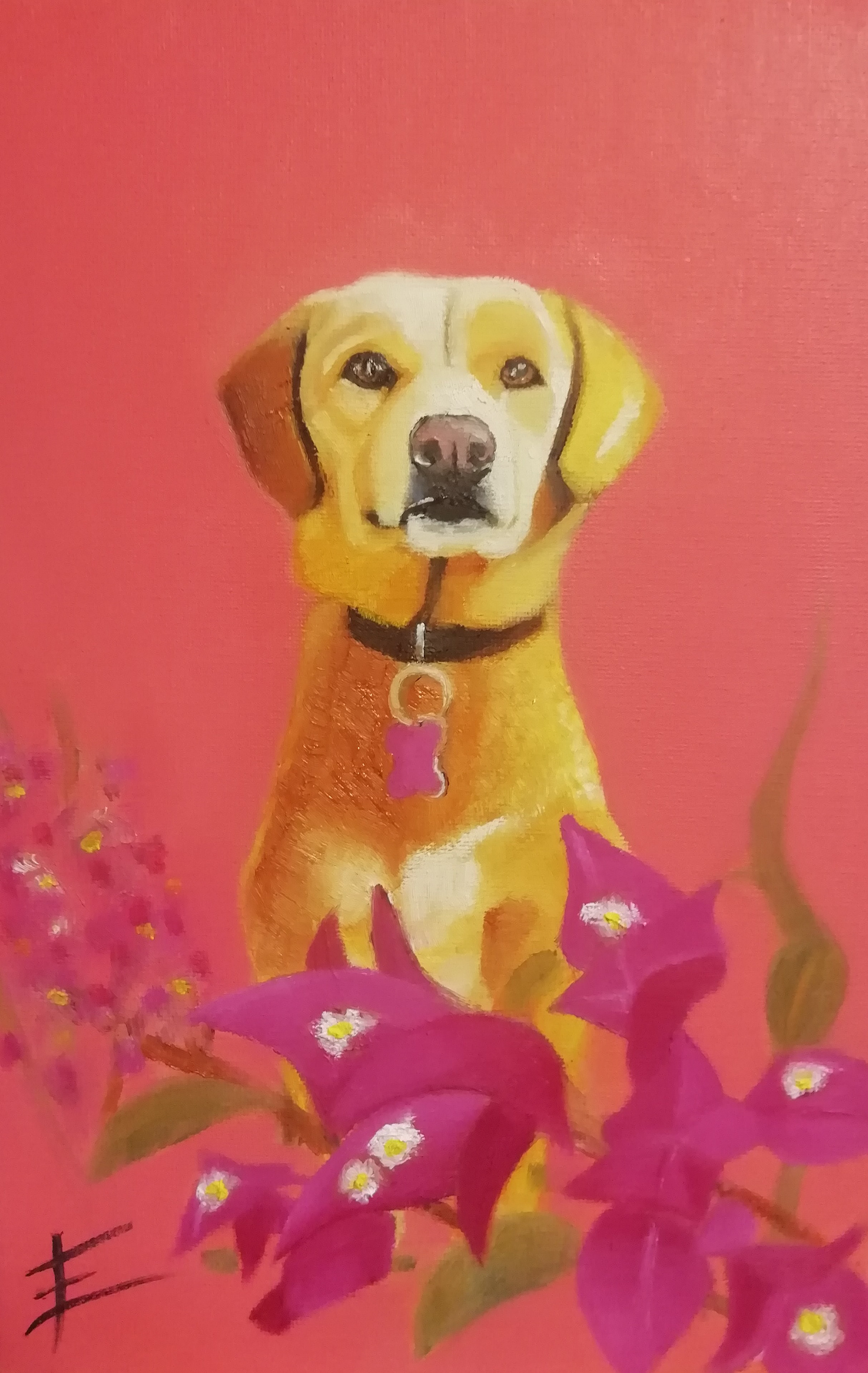 "Tesla y Bugambilias" - Óleo sobre Cartón tela; 20x30 cm.