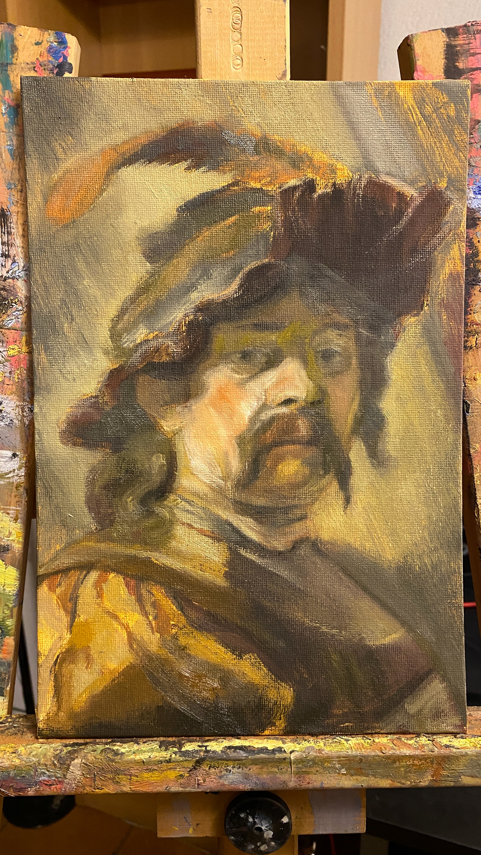 Copia de obra maestra #2 El Portaestandarte, Rembrandt.  Óleo sobre cartón tela 20x30 cm Paleta de Apeles 4 sesiones (Ejercicio).