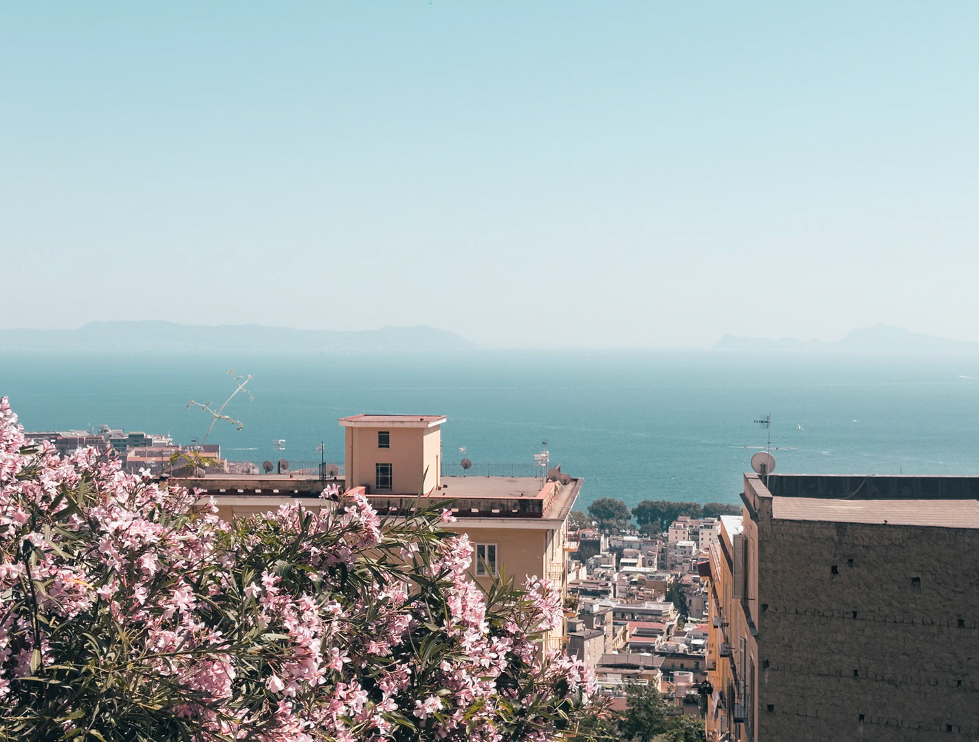 Napoli, Italy - May 27, 2026: View from the top of the Scalinata della discesa del Petraio toward the Gulf of Naples, with pink flowering plants in the foreground, rooftops below, and the distant silhouettes of Capri and the Sorrento Peninsula on the horizon