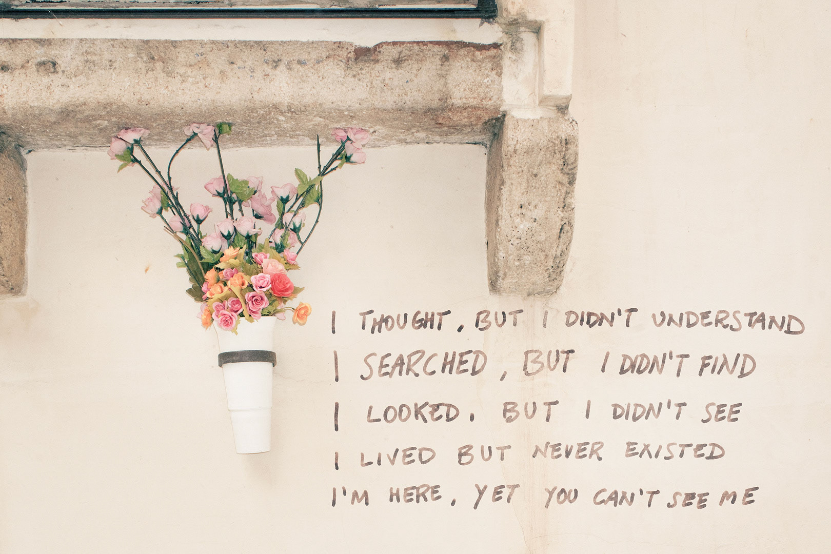 "I thought, but I didn't understandI searched, but I didn't findI looked, but I didn't seeI lived but never existedI'm here, yet you can't see me", Alcamo