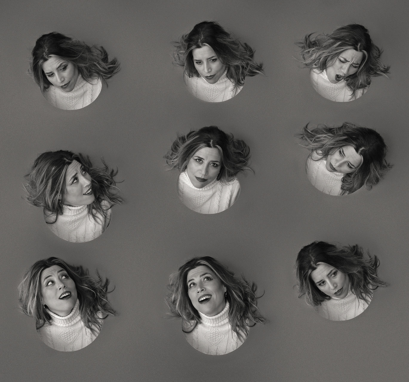 the same woman pops out of a hole in an imaginary wall and looks around at her doubles