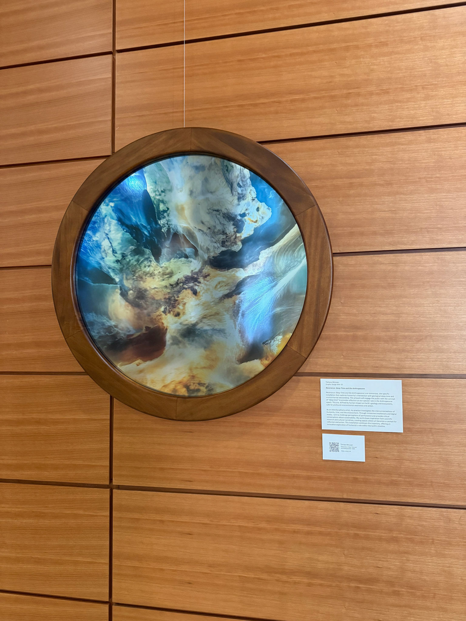 Tamara McLean, Resonance: Deep Time and the Anthropocene, 2025 1/1 Mirrored Glass, wood, ink, 30" round