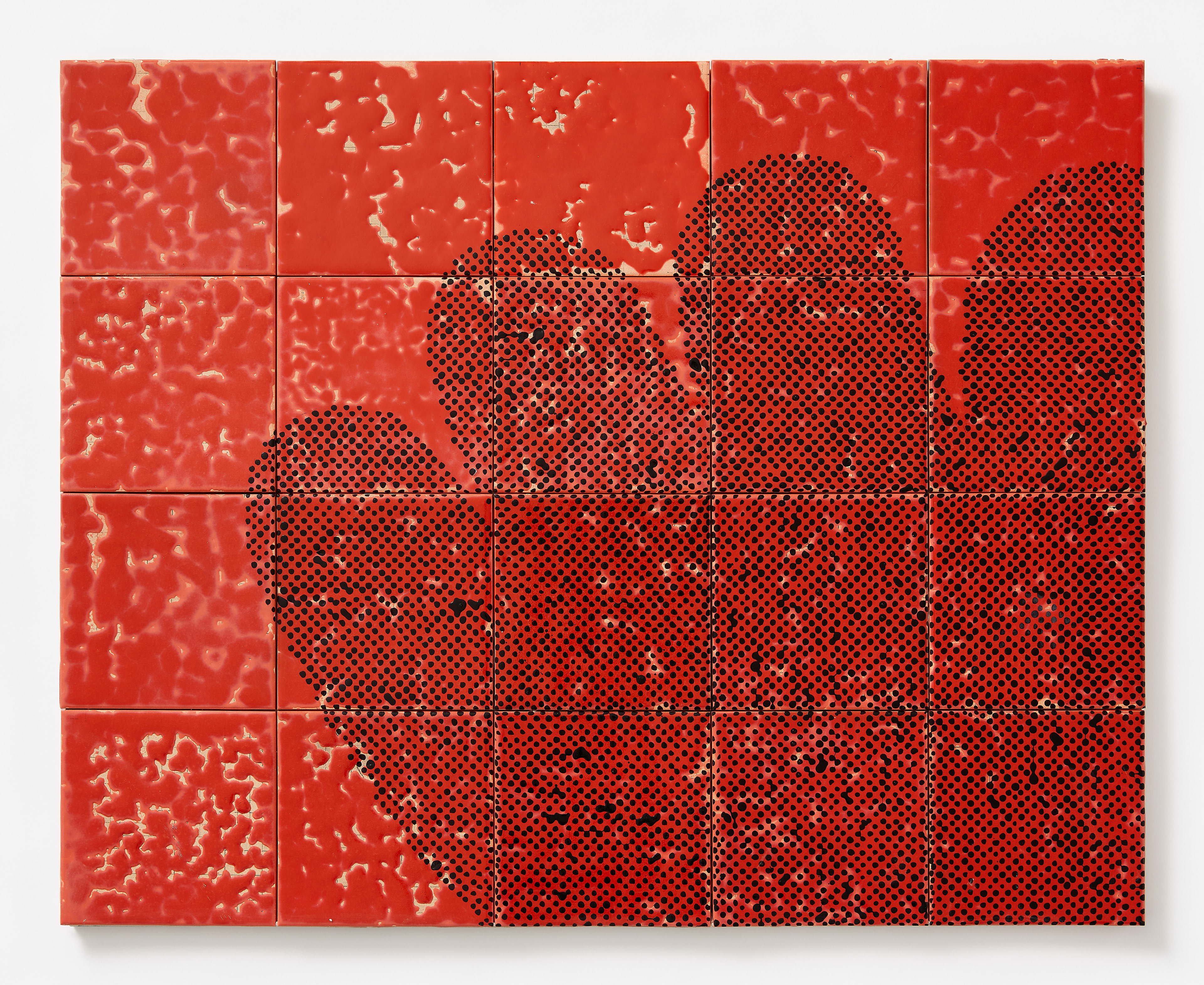 Vier Würste (Four sausages), Berlin 2021, ceramic tile, glaze, water-based marker, nail polish, 61cm x 76cm