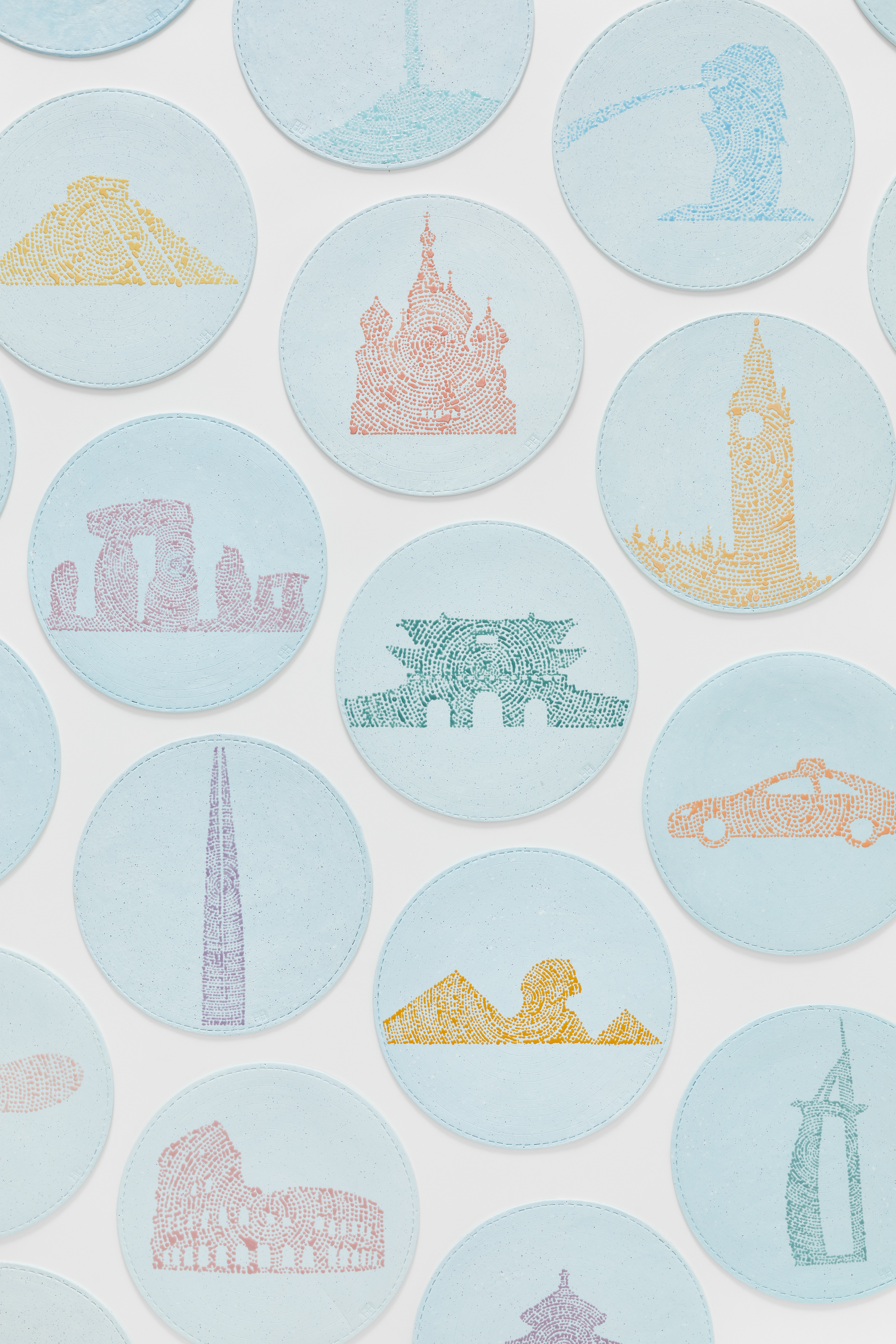 Urban Icons, 2023, paperclay, slip, 1250℃ firing, ceramic installtion, each 30×30 (cm)