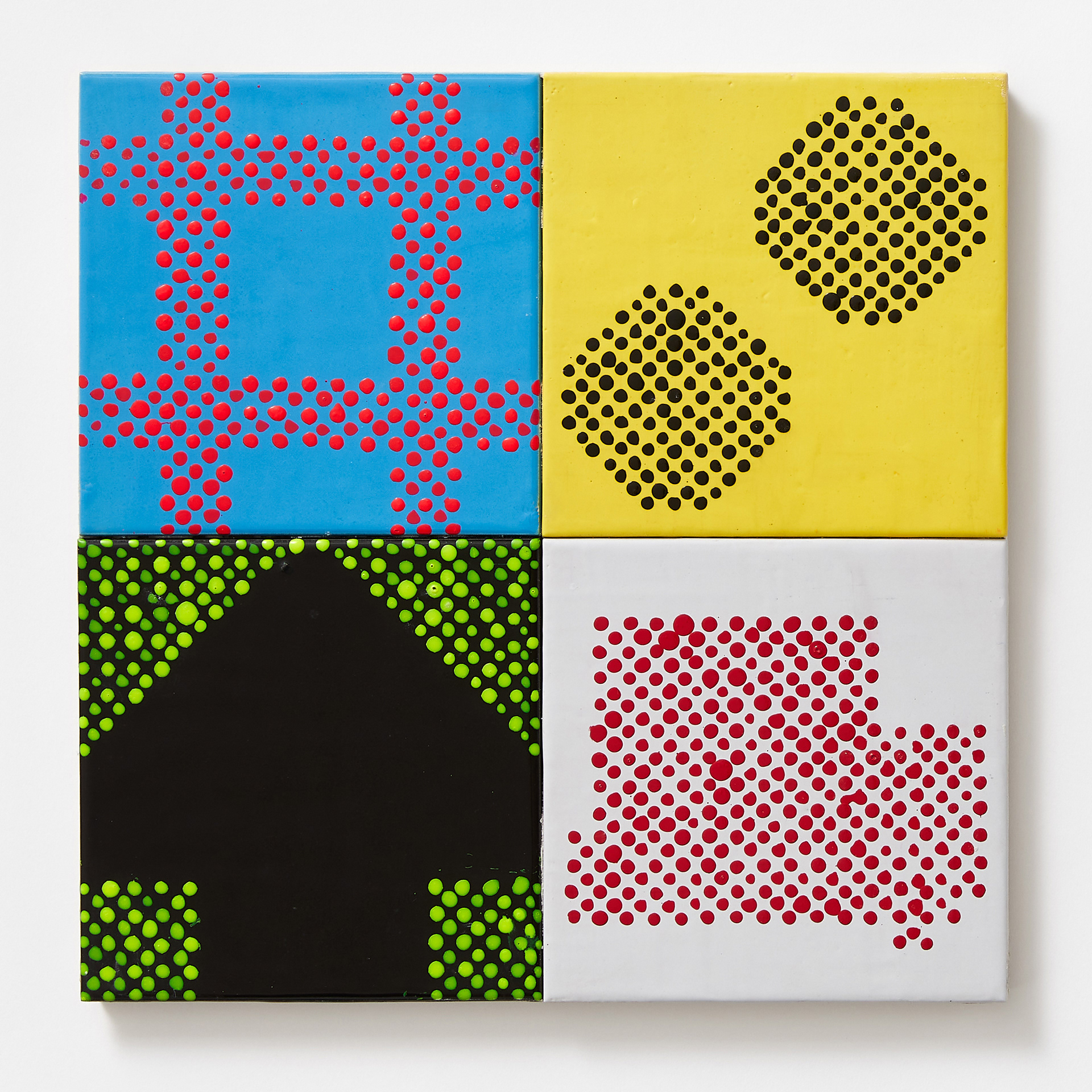 (clockwise)Automat/Umlaut/Berlin/Pfand, Berlin 2021, ceramic tile, glaze, water-based marker, nail polish, 31cm x 31cm