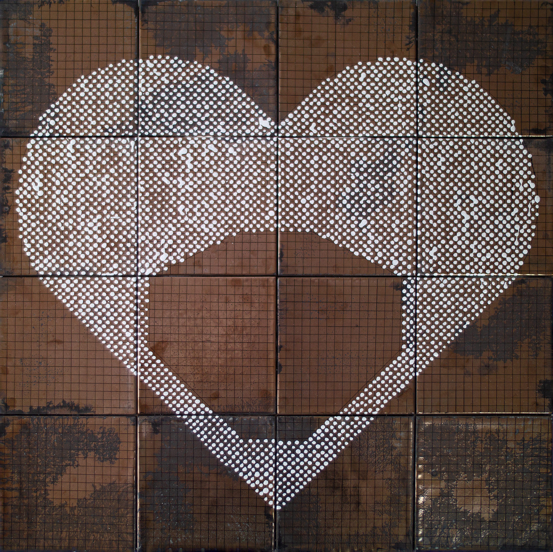 BVG mit Maske (BVG with Mask), Berlin 2021, ceramic tile, glaze, water-based marker, nail polish, 61cm x 61cm