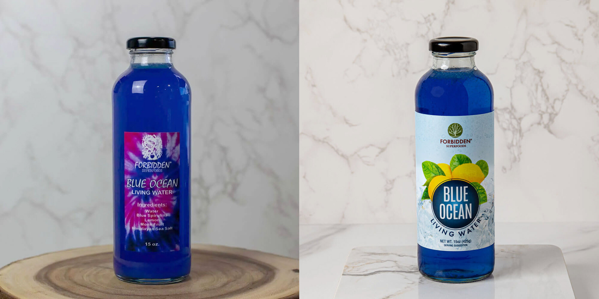 Before and after photo of Forbidden Superfoods Blue Ocean Living Water Label Design