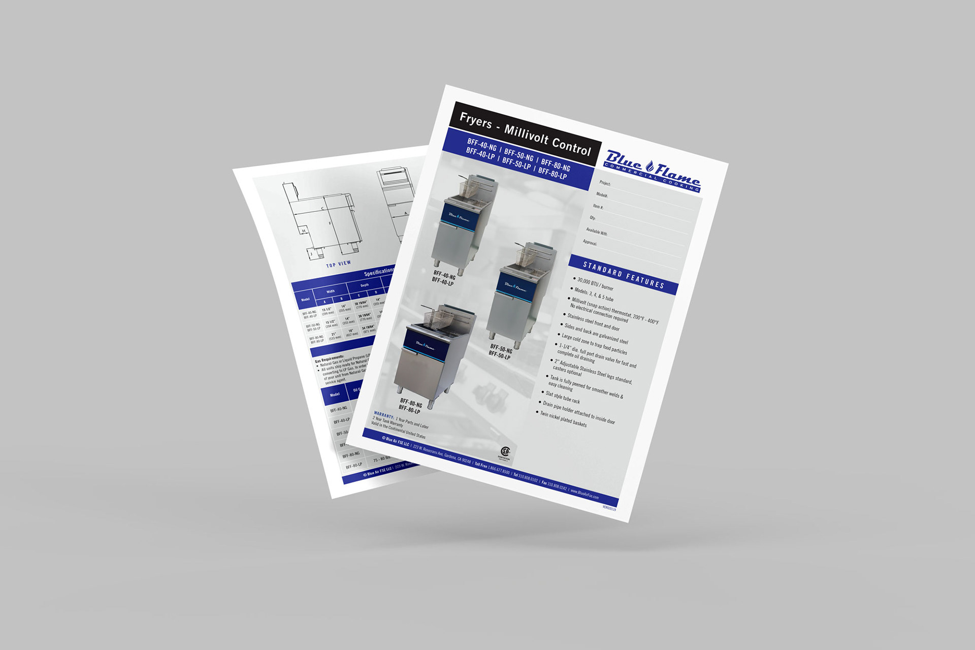 Blue Flame product spec sheets front and back