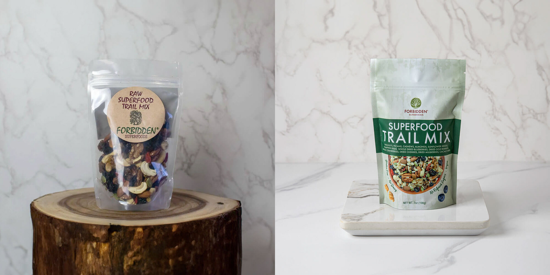 Before and after photo of Forbidden Superfoods Trail MIx Packaging