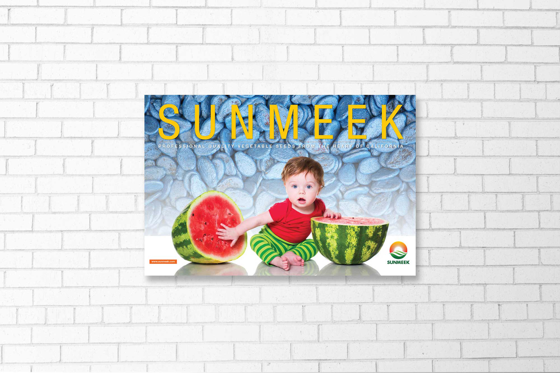 Sunmeek Poster hanging on a brick wall