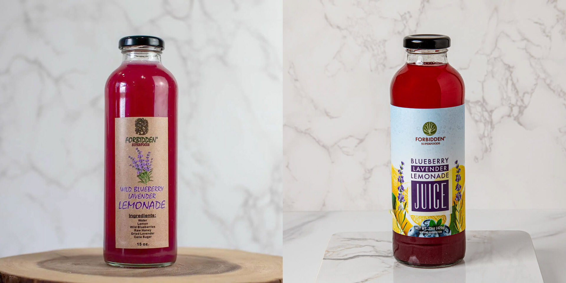 Before and after photos of Forbidden Superfoods Blueberry Lavender Lemonade Juice Label Design