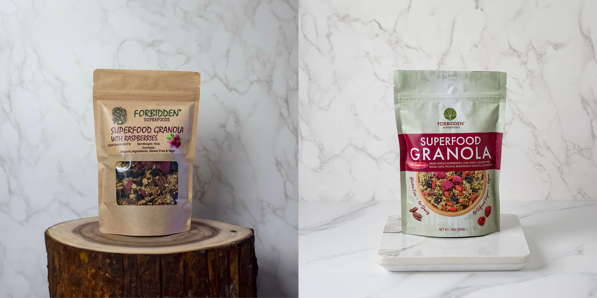 Before and after photo of Forbidden Superfoods Granola Packaging