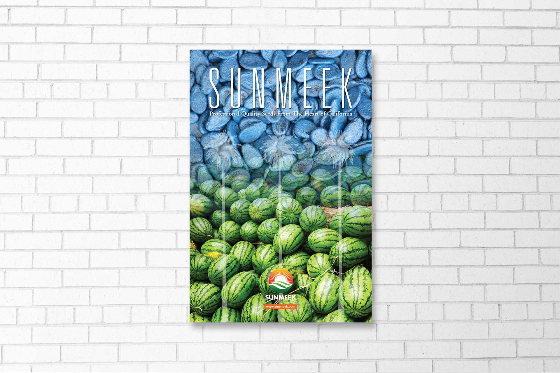 Sunmeek Poster hanging on a brick wall